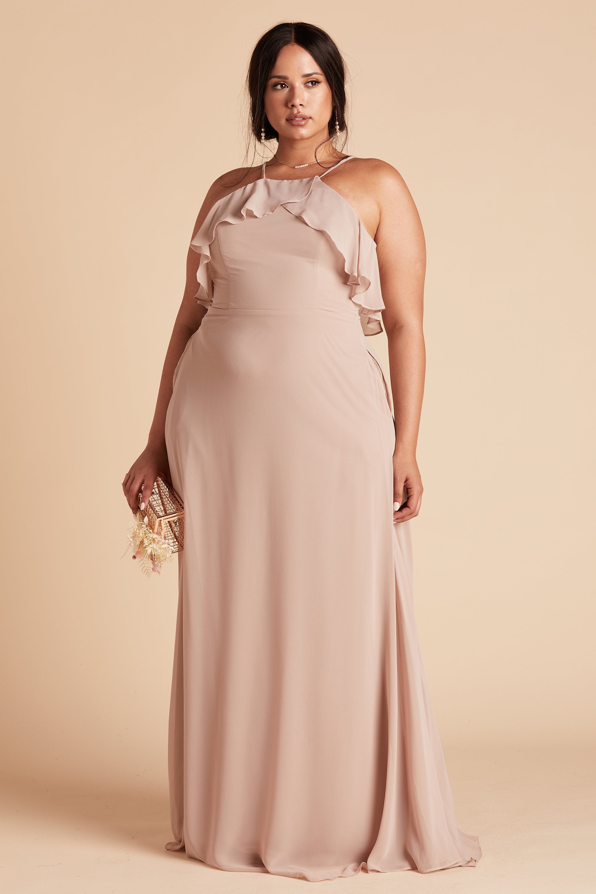 Jules plus size bridesmaid dress in taupe chiffon by Birdy Grey, front view