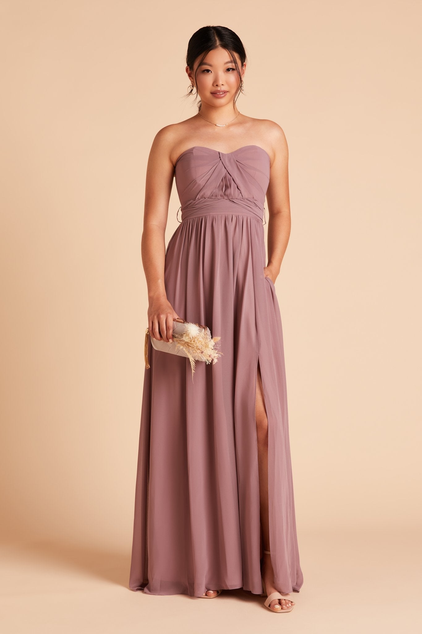 Grace convertible bridesmaid dress with slit in Dark Mauve Purple Chiffon by Birdy Grey, front view with hand in pocket