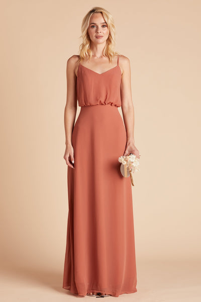 Gwennie bridesmaid dress in terracotta chiffon by Birdy Grey, front view