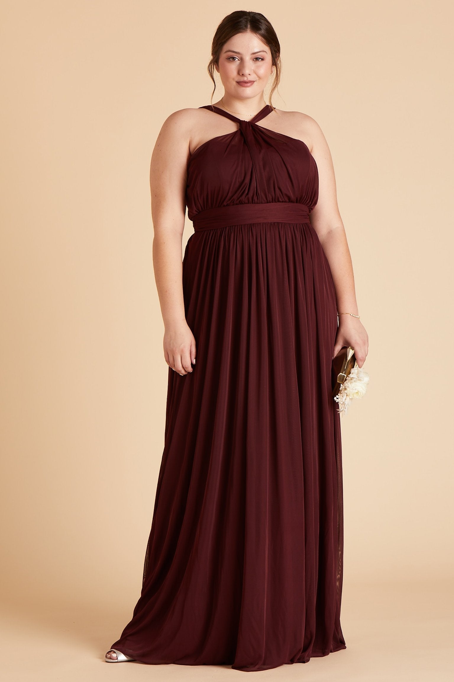 Kiko plus size bridesmaid dress in cabernet burgundy chiffon by Birdy Grey, front view