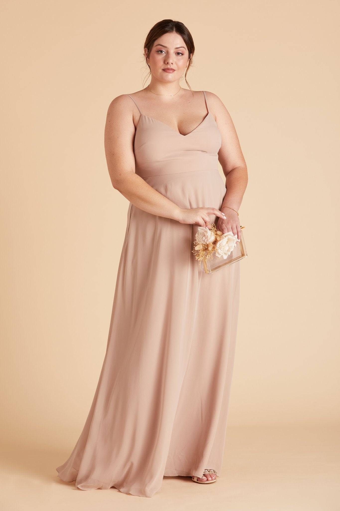 Devin convertible plus size bridesmaids dress in taupe chiffon by Birdy Grey, front view