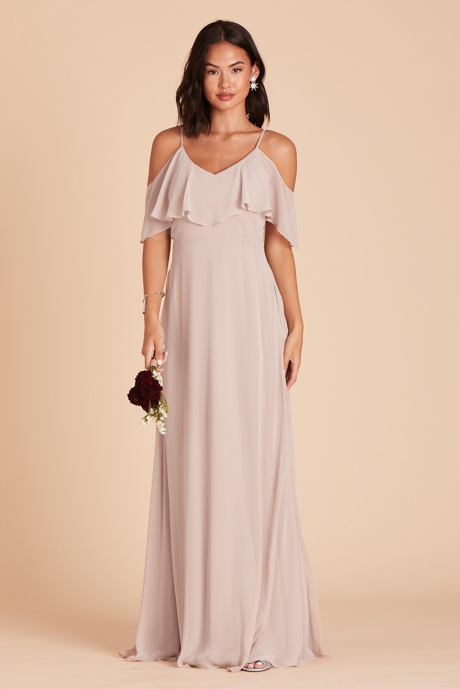 Jane convertible bridesmaid dress in taupe chiffon by Birdy Grey, front view