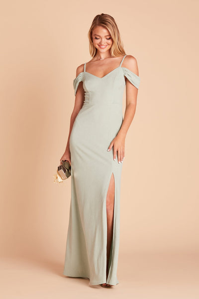 Dev bridesmaid dress with slit in sage green crepe by Birdy Grey, front view