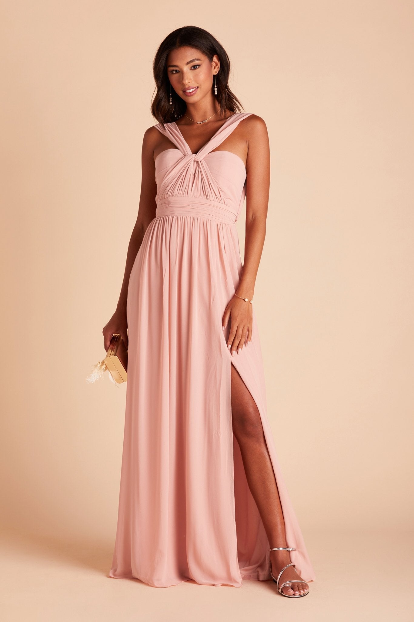 Grace convertible bridesmaid dress with slit in rose quartz pink chiffon by Birdy Grey, front view