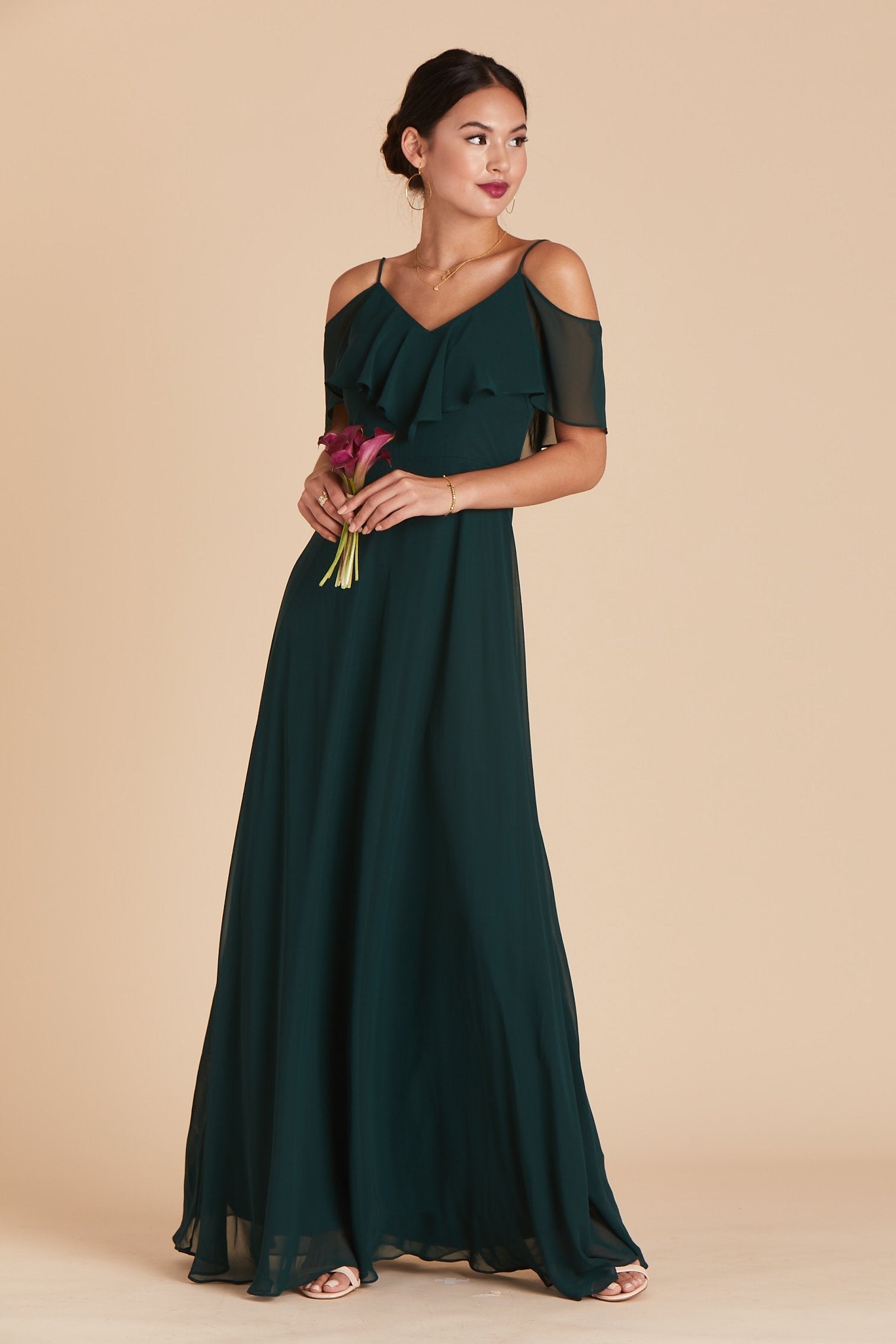 Jane convertible bridesmaid dress in emerald green chiffon by Birdy Grey, front view