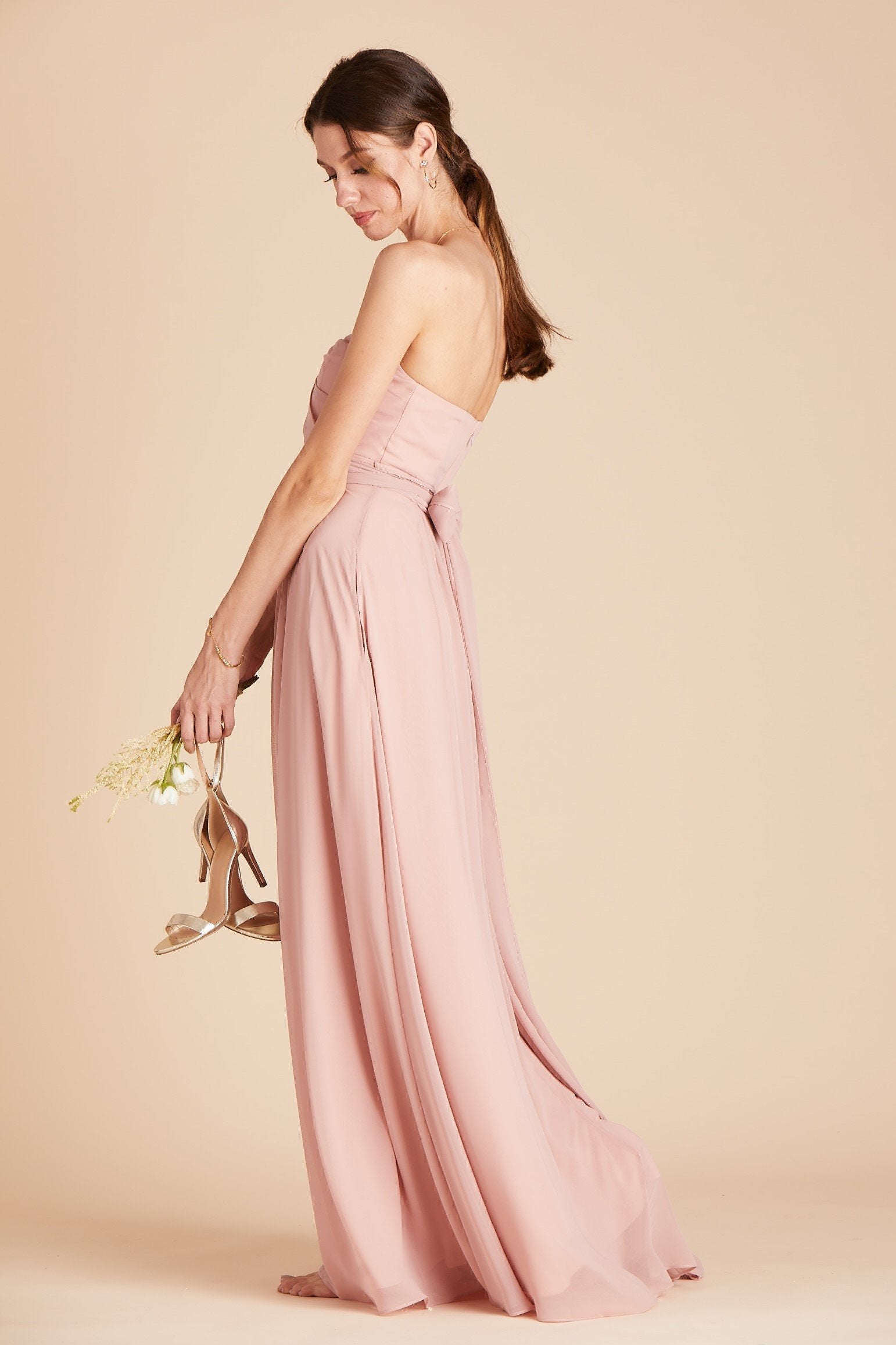 Grace convertible bridesmaid dress in rose quartz pink chiffon by Birdy Grey, sidee view