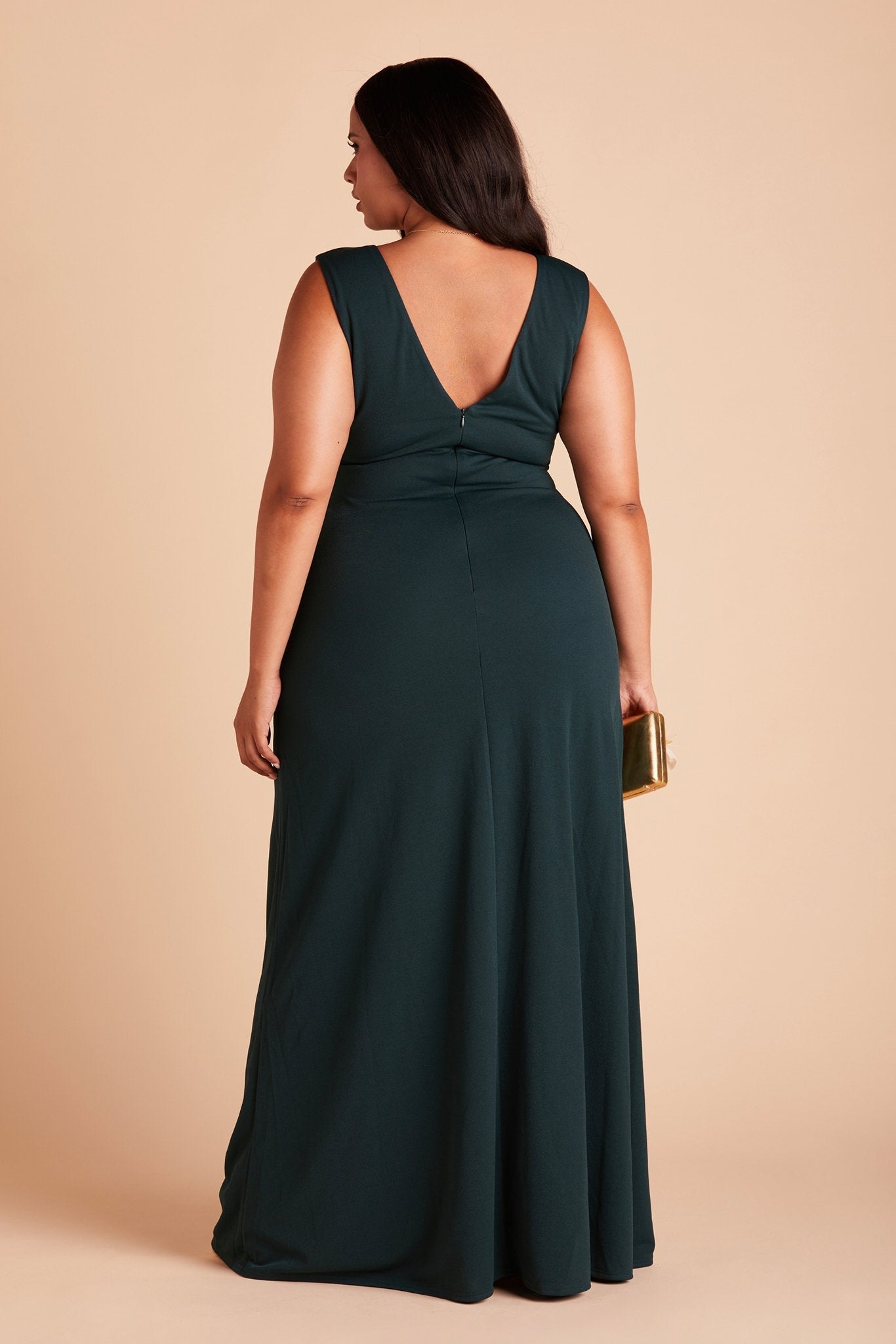 Shamin plus size bridesmaid dress with slit in emerald green chiffon by Birdy Grey, back view