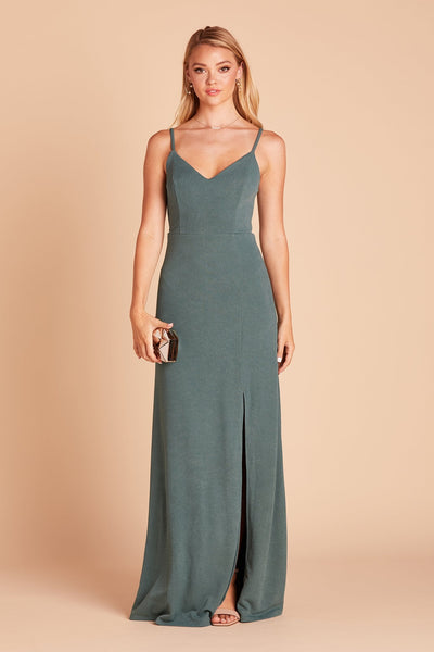 Jay bridesmaid dress with slit in sea glass green crepe by Birdy Grey, front view