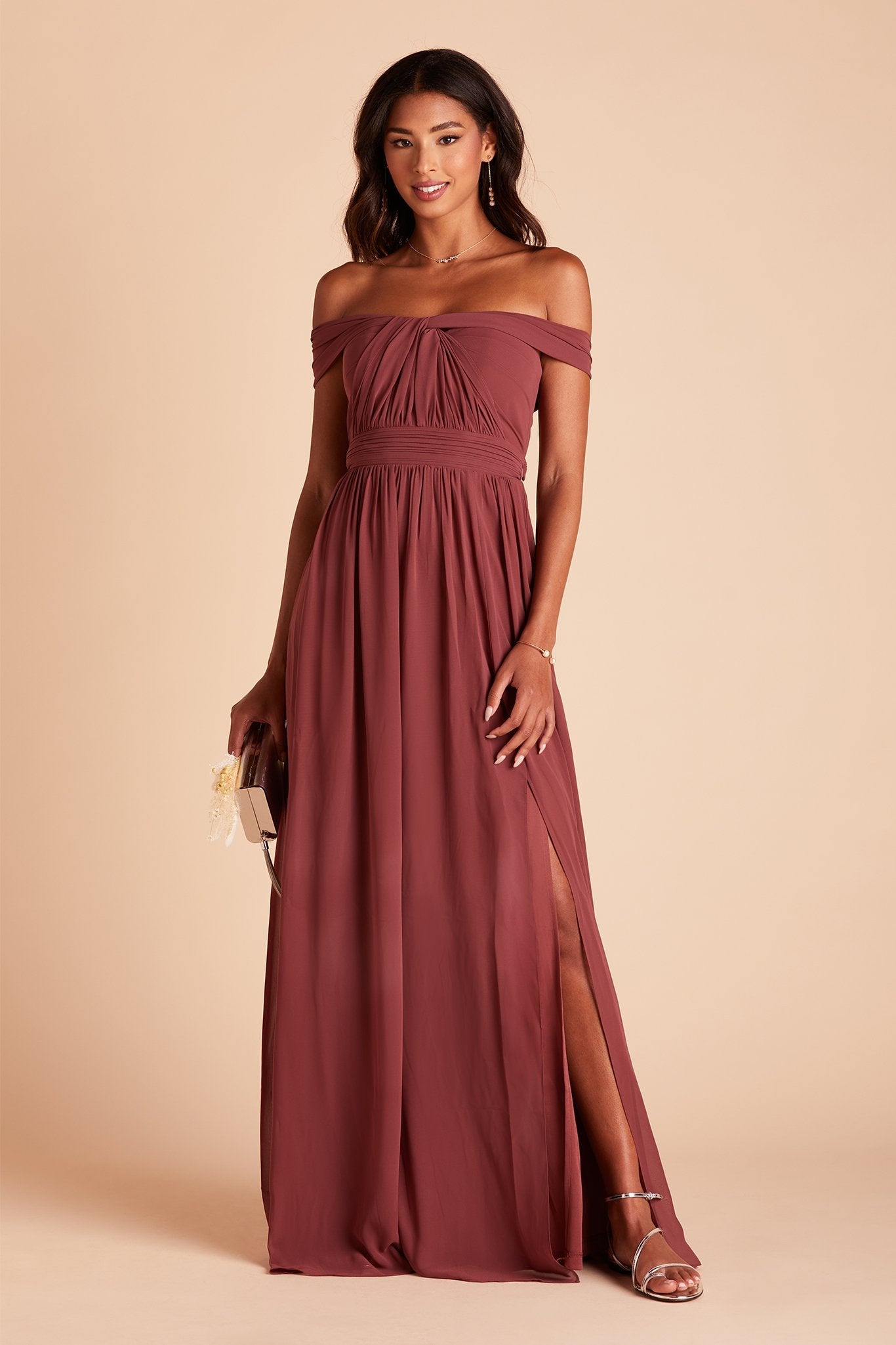 Grace convertible bridesmaid dress with slit in rosewood chiffon by Birdy Grey, front view