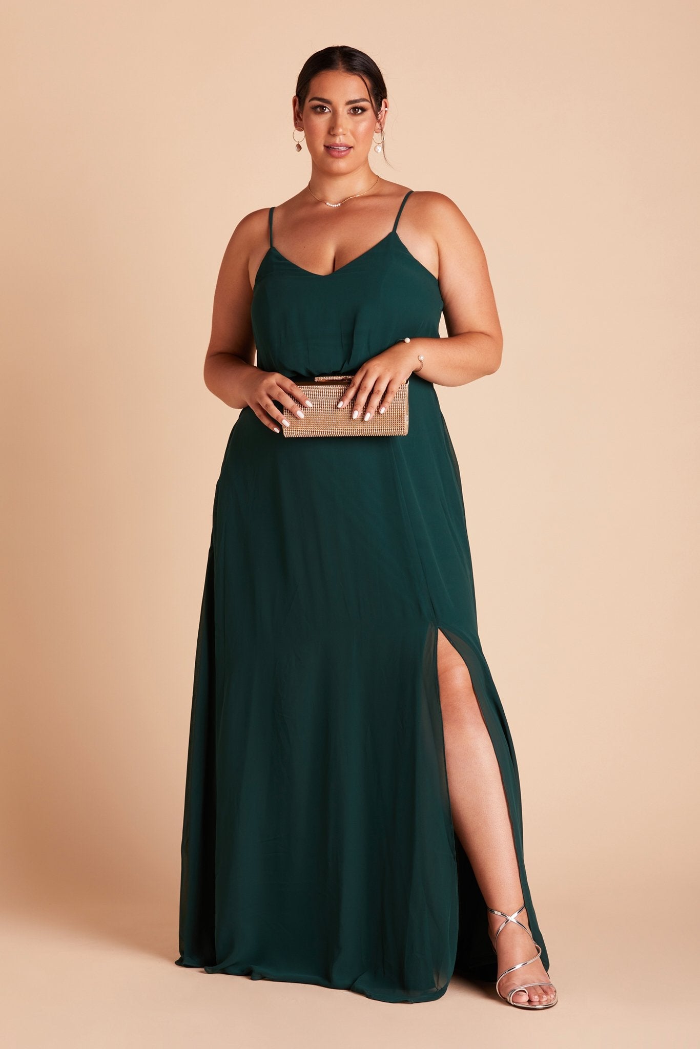 Gwennie plus size bridesmaid dress with slit in emerald green chiffon by Birdy Grey, front view