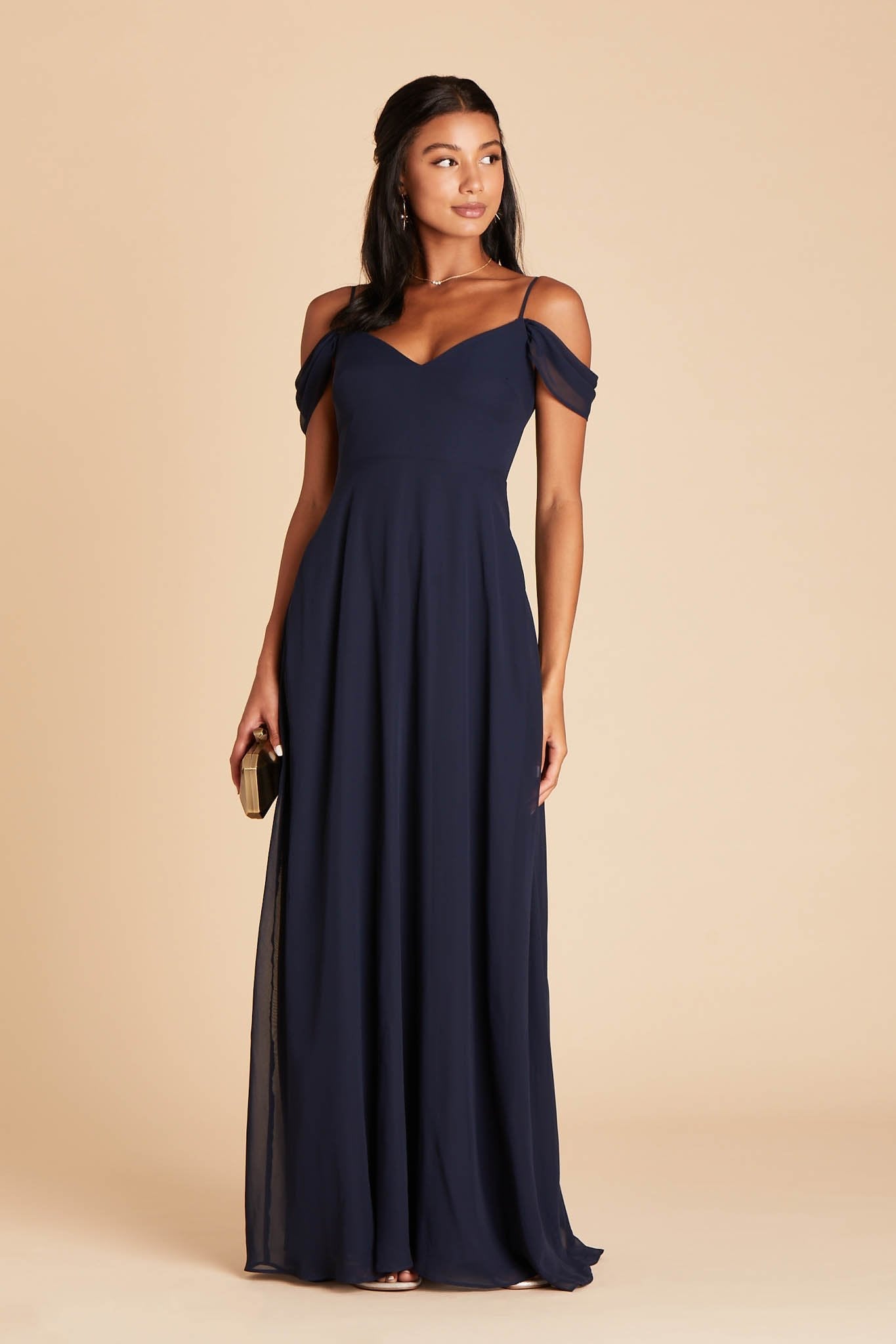 Devin convertible bridesmaid dress in navy blue chiffon by Birdy Grey, front view