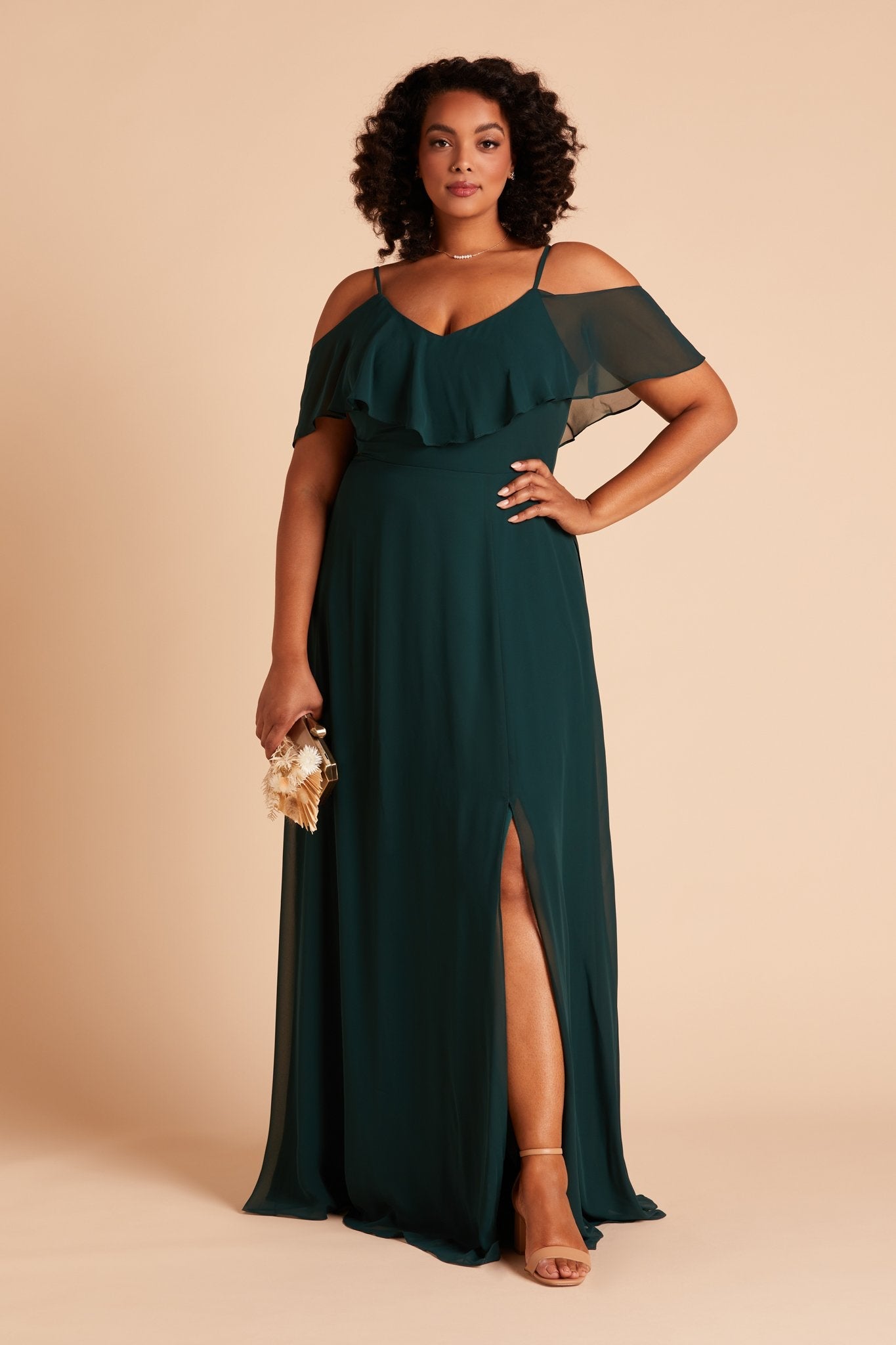 Jane convertible plus size bridesmaid dress with slit in emerald green chiffon by Birdy Grey, front view