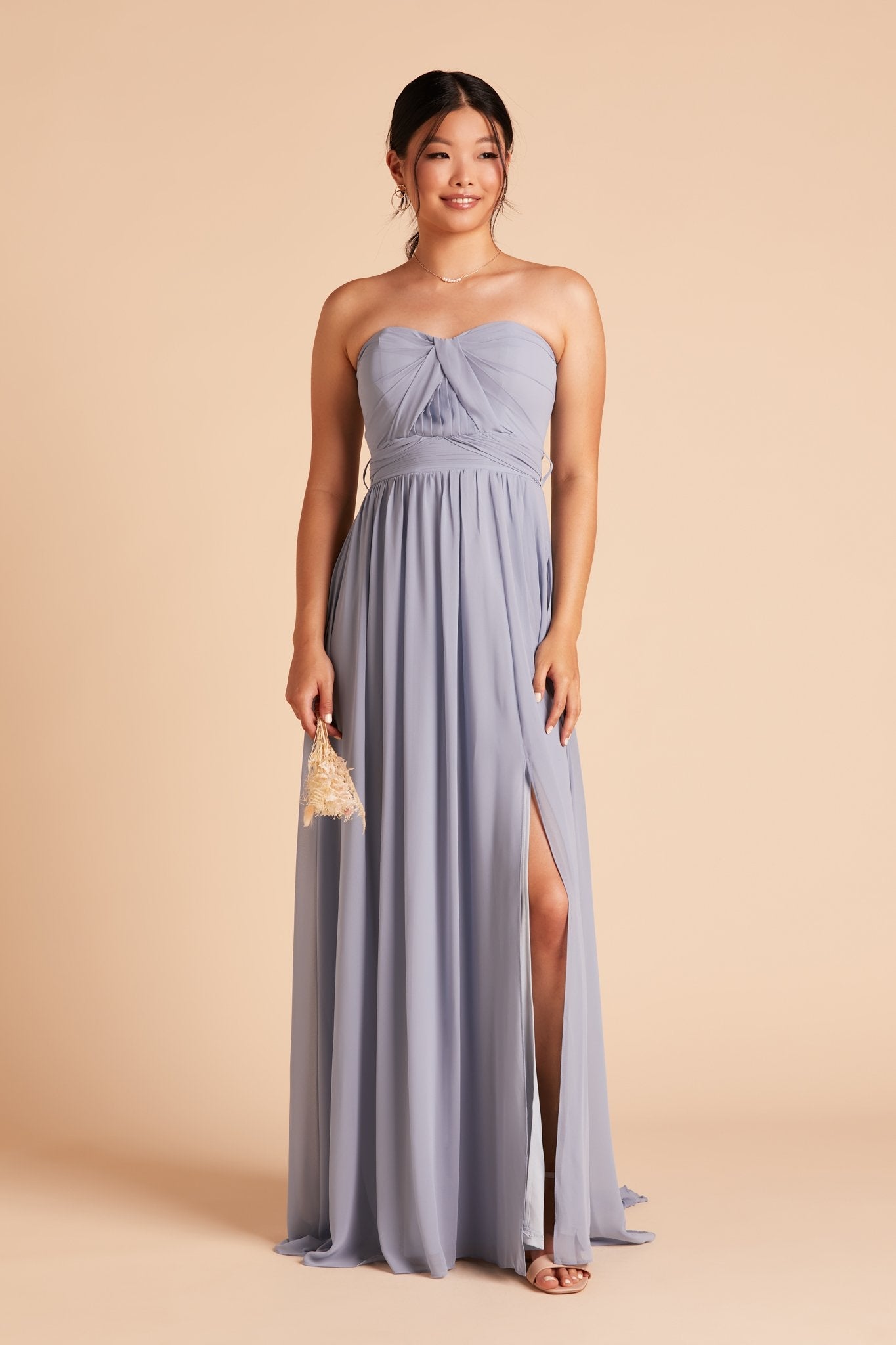 Grace convertible bridesmaid dress with slit in dusty blue chiffon by Birdy Grey, front view