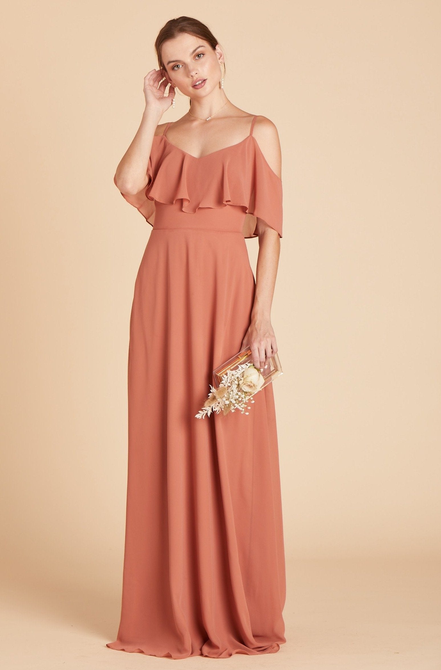 Jane convertible bridesmaid dress in terracotta orange chiffon by Birdy Grey, front view