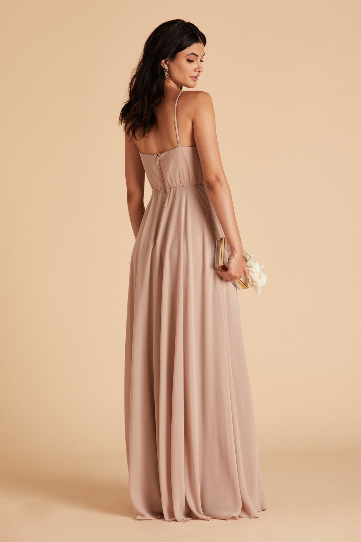 Kaia bridesmaids dress in taupe chiffon by Birdy Grey, side view