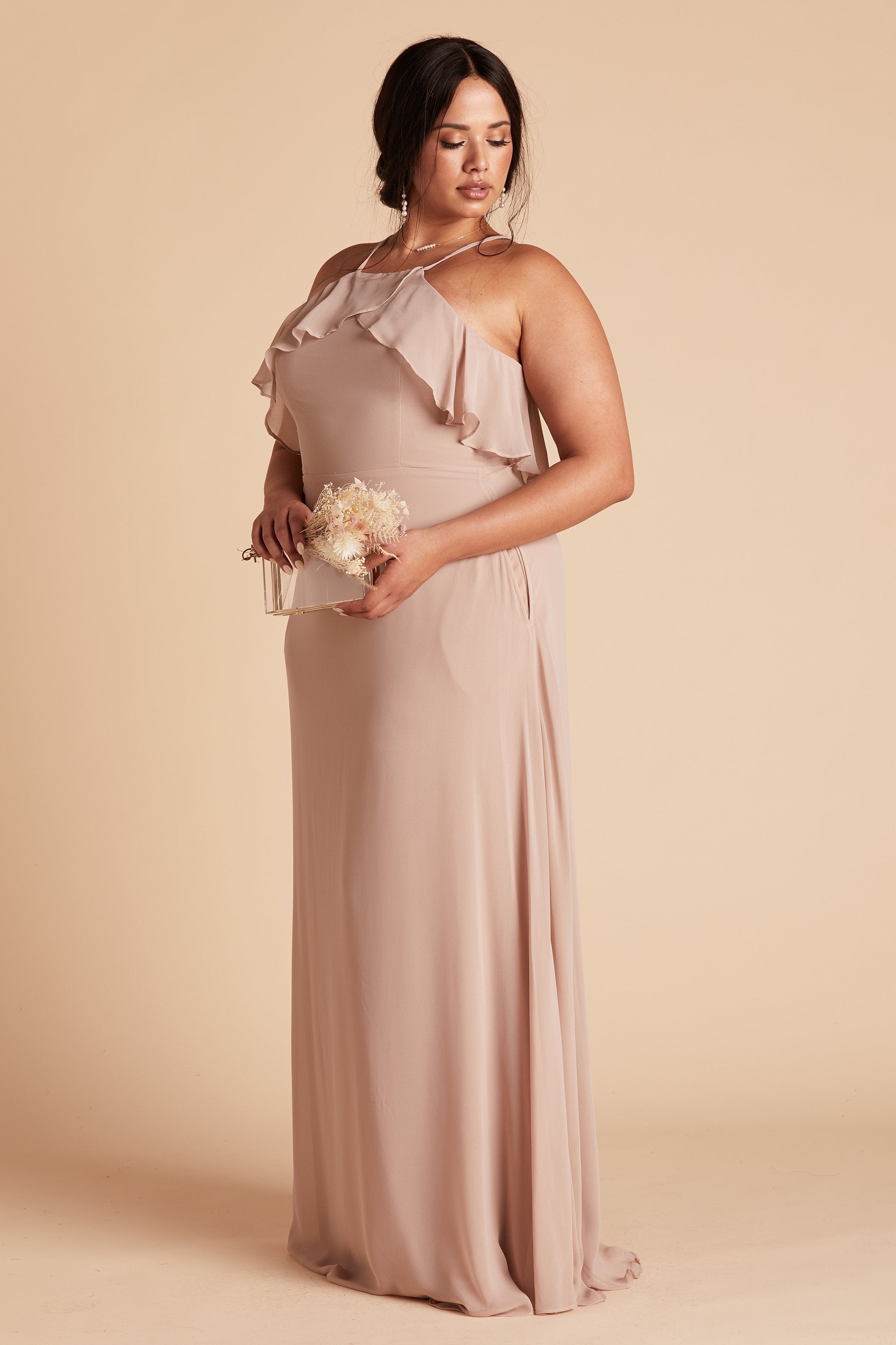 Jules plus size bridesmaid dress in taupe chiffon by Birdy Grey, side view