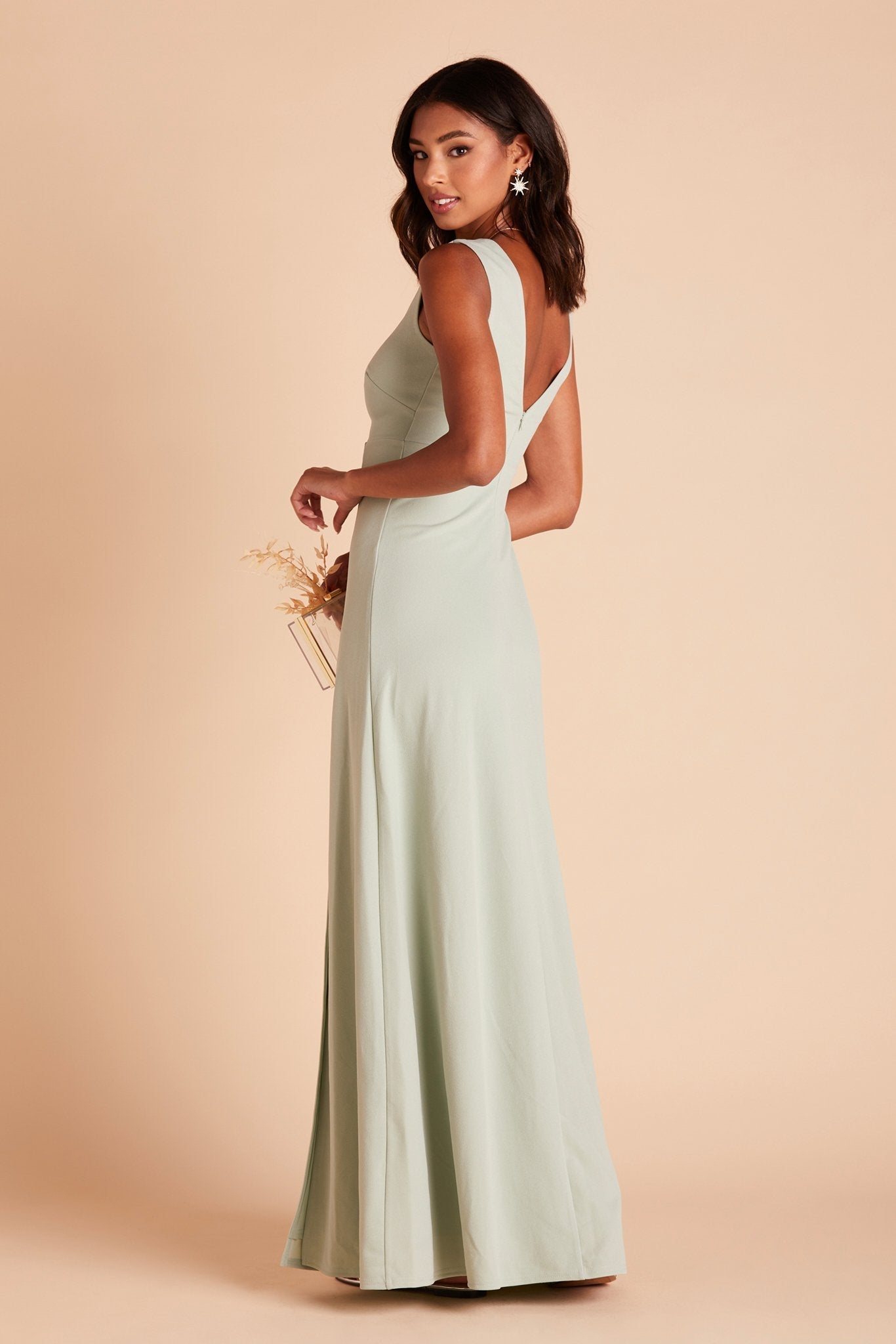 Shamin bridesmaid dress with slit in sage green crepe by Birdy Grey, side view