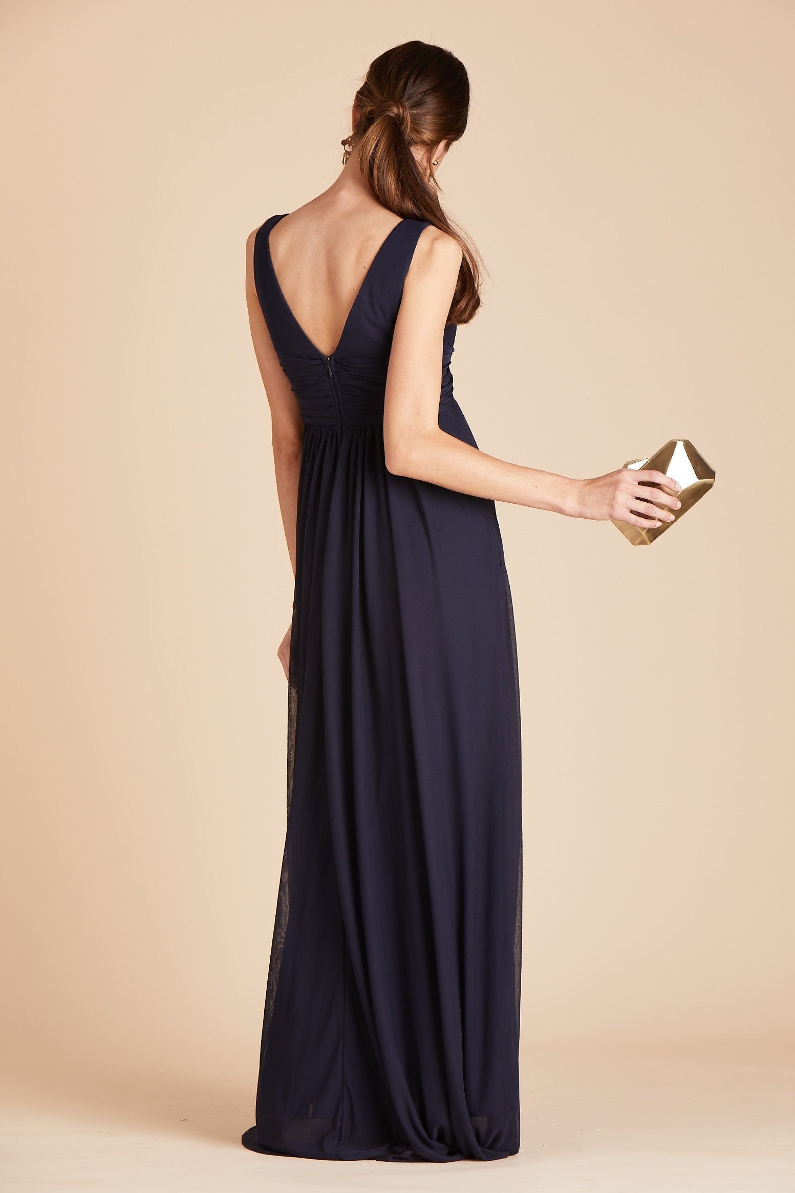 Lianna bridesmaid dress in navy blue chiffon by Birdy Grey, back view