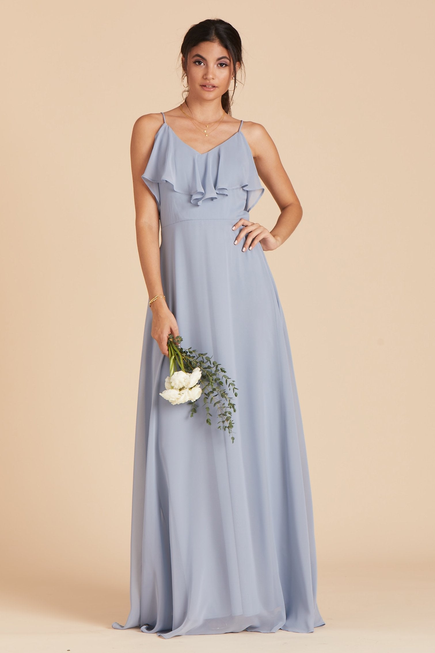 Jane convertible bridesmaid dress in dusty blue chiffon by Birdy Grey, front view