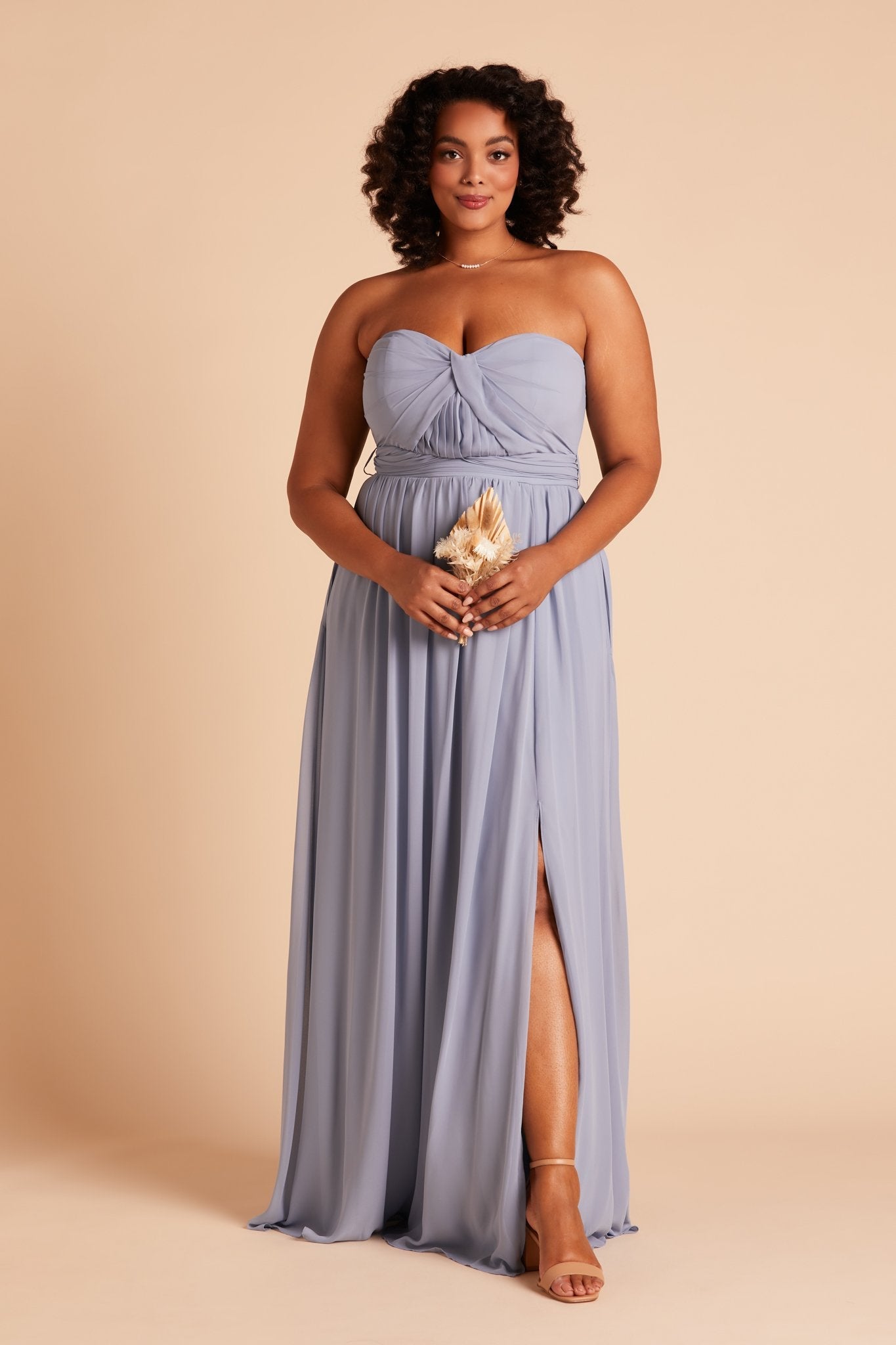 Grace convertible plus size bridesmaid dress with slit in dusty blue chiffon by Birdy Grey, front view