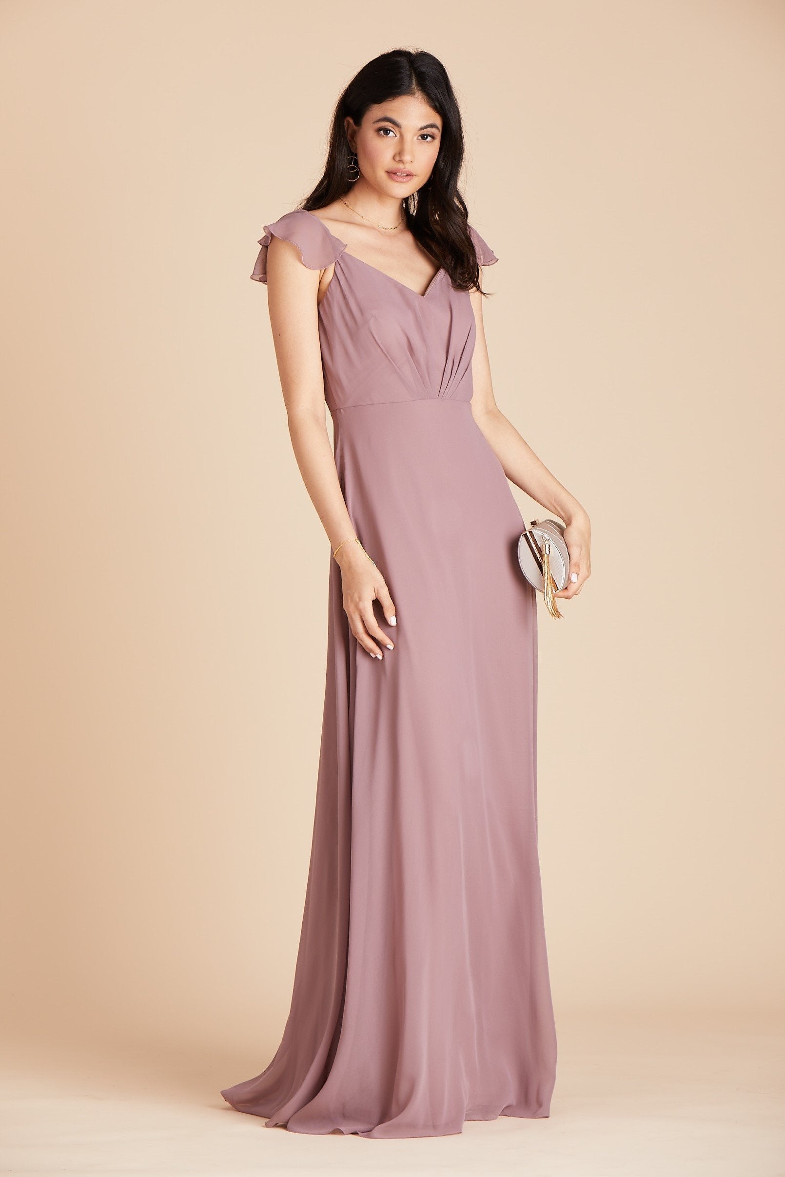 Kae bridesmaids dress in dark mauve purple chiffon by Birdy Grey, side view