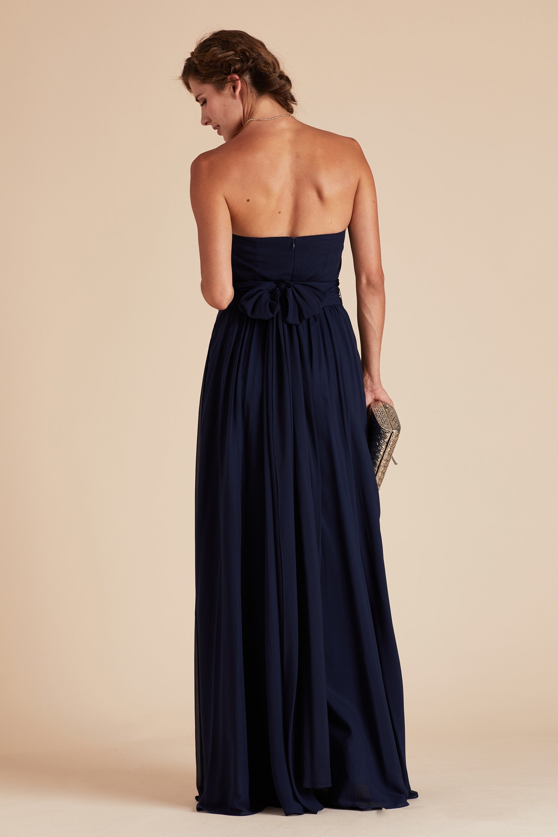 Grace convertible bridesmaid dress in navy blue chiffon by Birdy Grey, back view