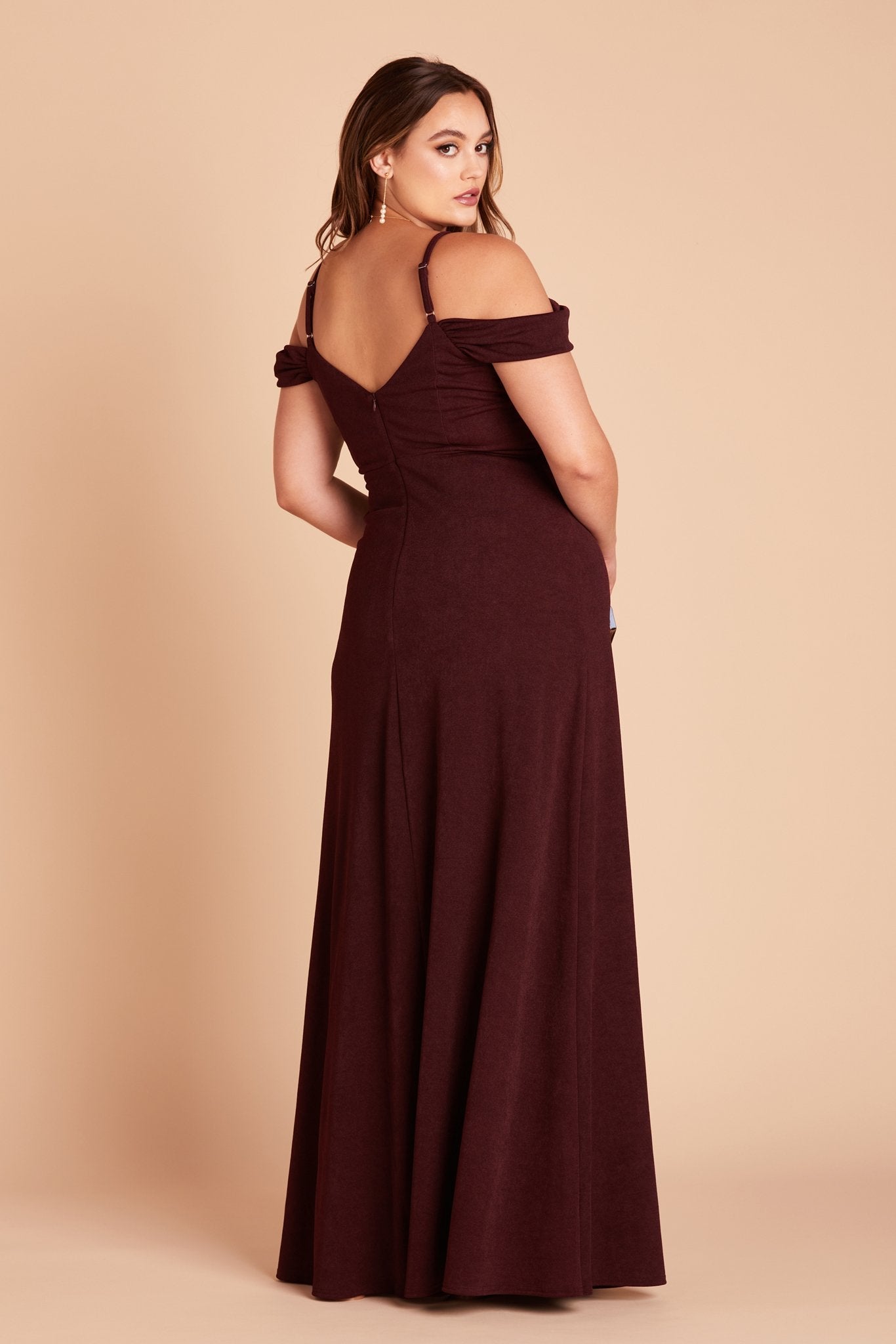 Dev plus size bridesmaid dress with slit in cabernet burgundy crepe by Birdy Grey, back view