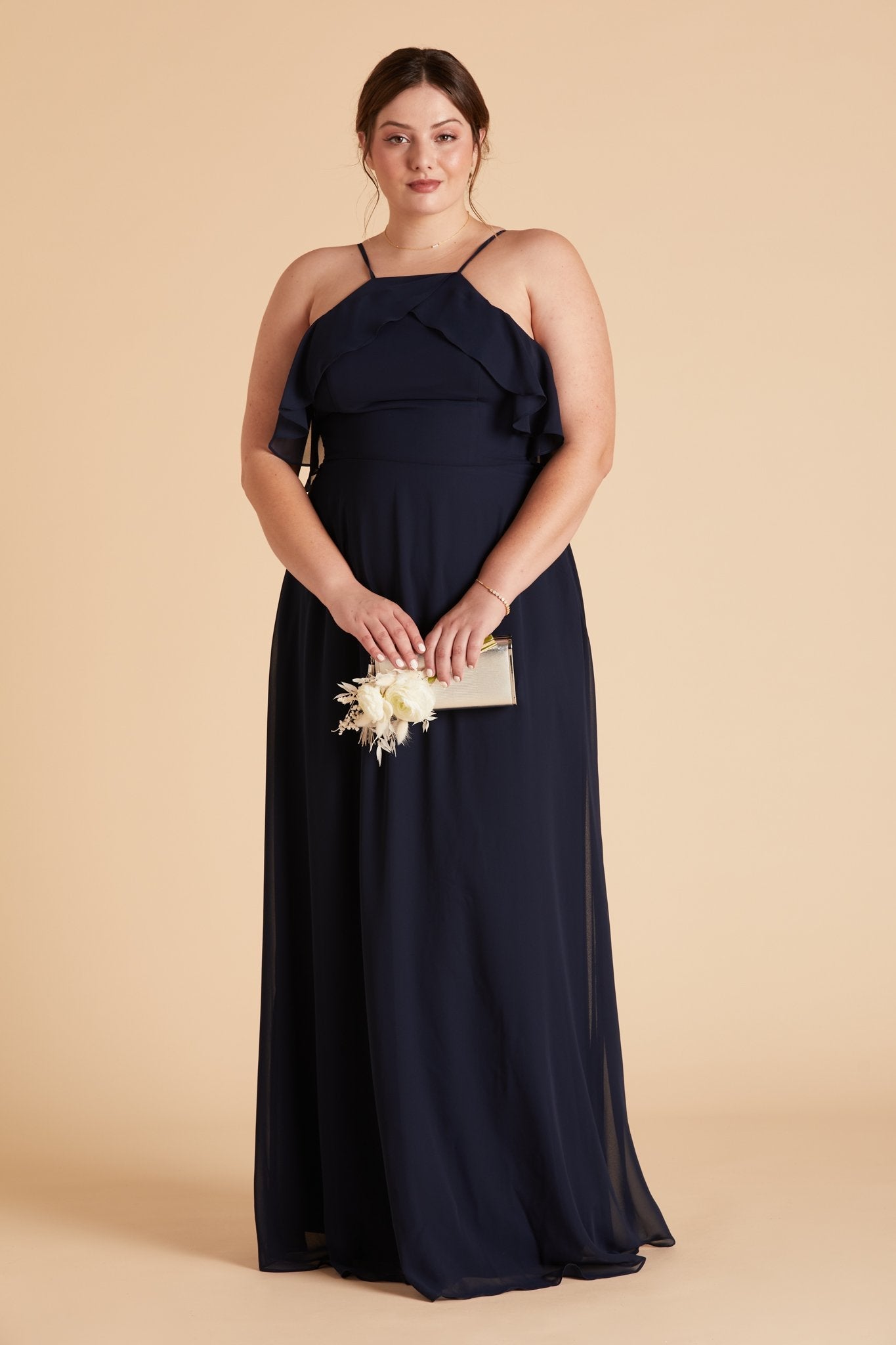 Jules plus size bridesmaid dress in navy blue chiffon by Birdy Grey, front view