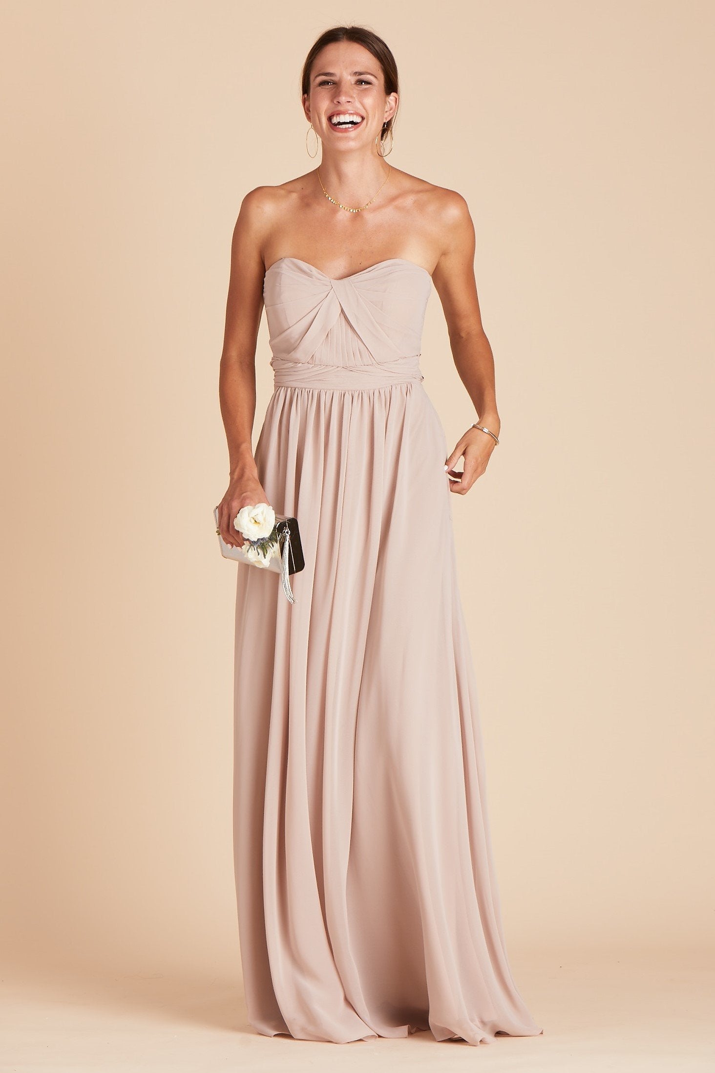 Grace convertible bridesmaid dress in taupe chiffon by Birdy Grey, front view