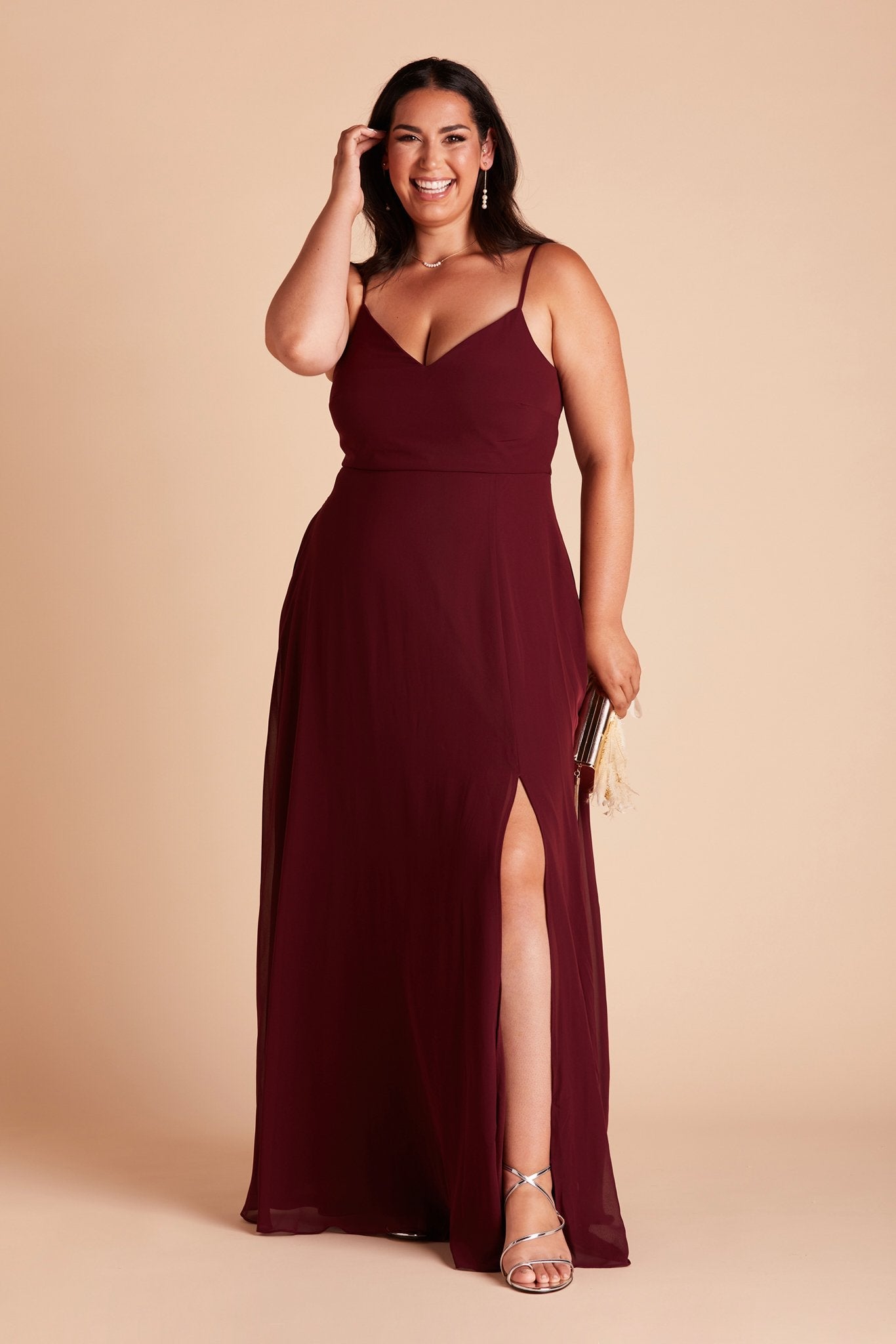 Devin convertible plus size bridesmaid dress with slit in cabernet burgundy chiffon by Birdy Grey, front view