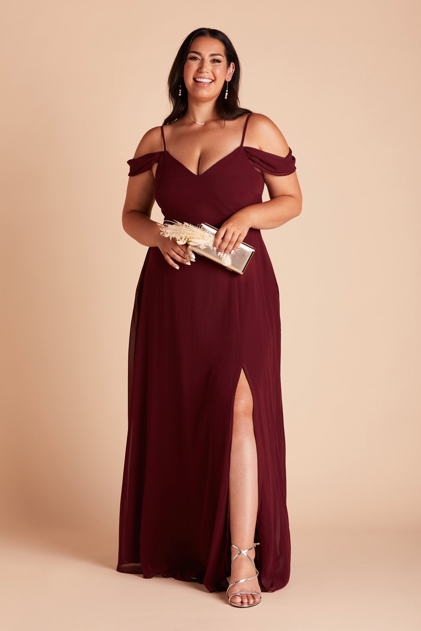 Devin convertible plus size bridesmaid dress with slit in cabernet burgundy chiffon by Birdy Grey, front view