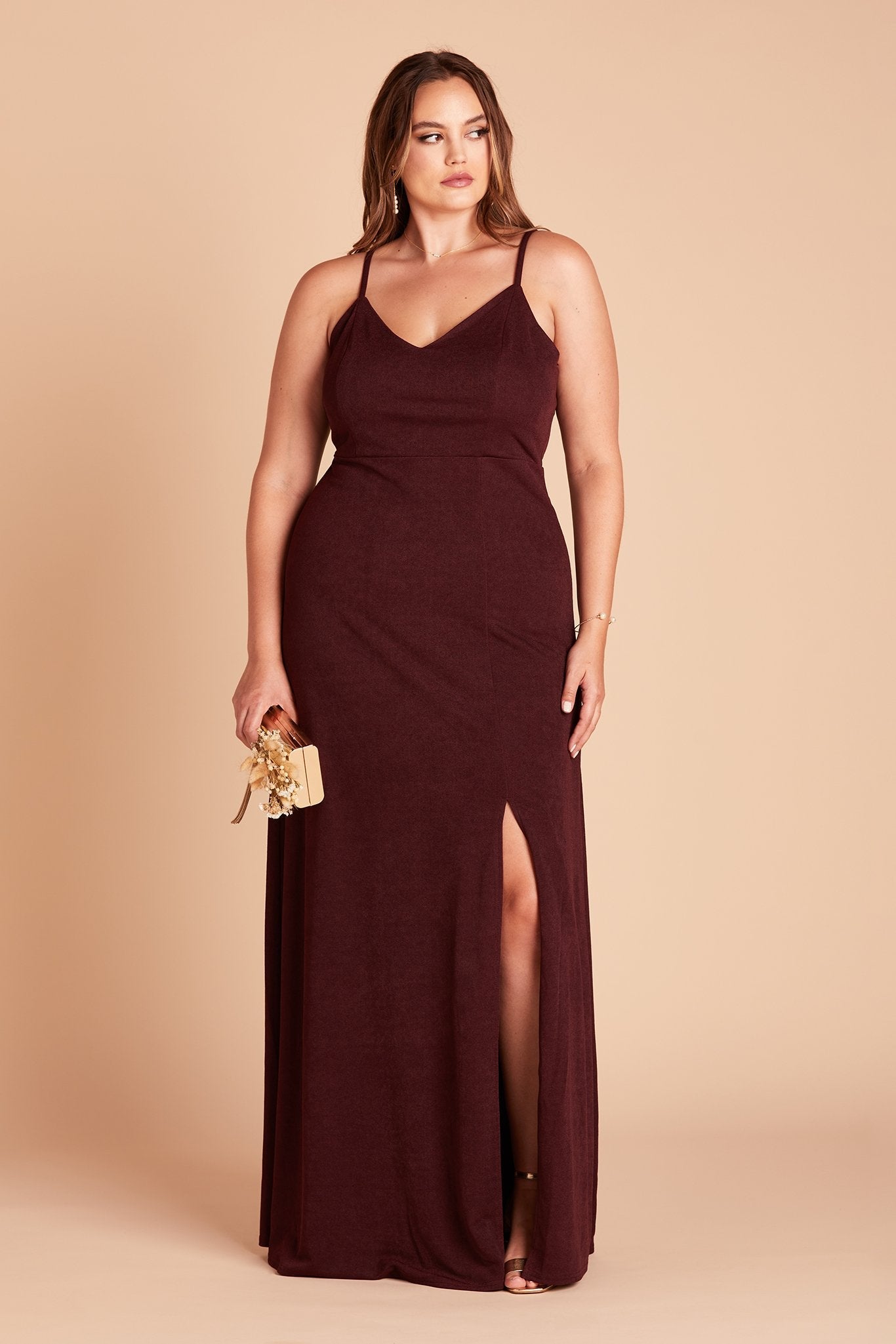 Jay plus size bridesmaid dress with slit in cabernet burgundy crepe by Birdy Grey, front view