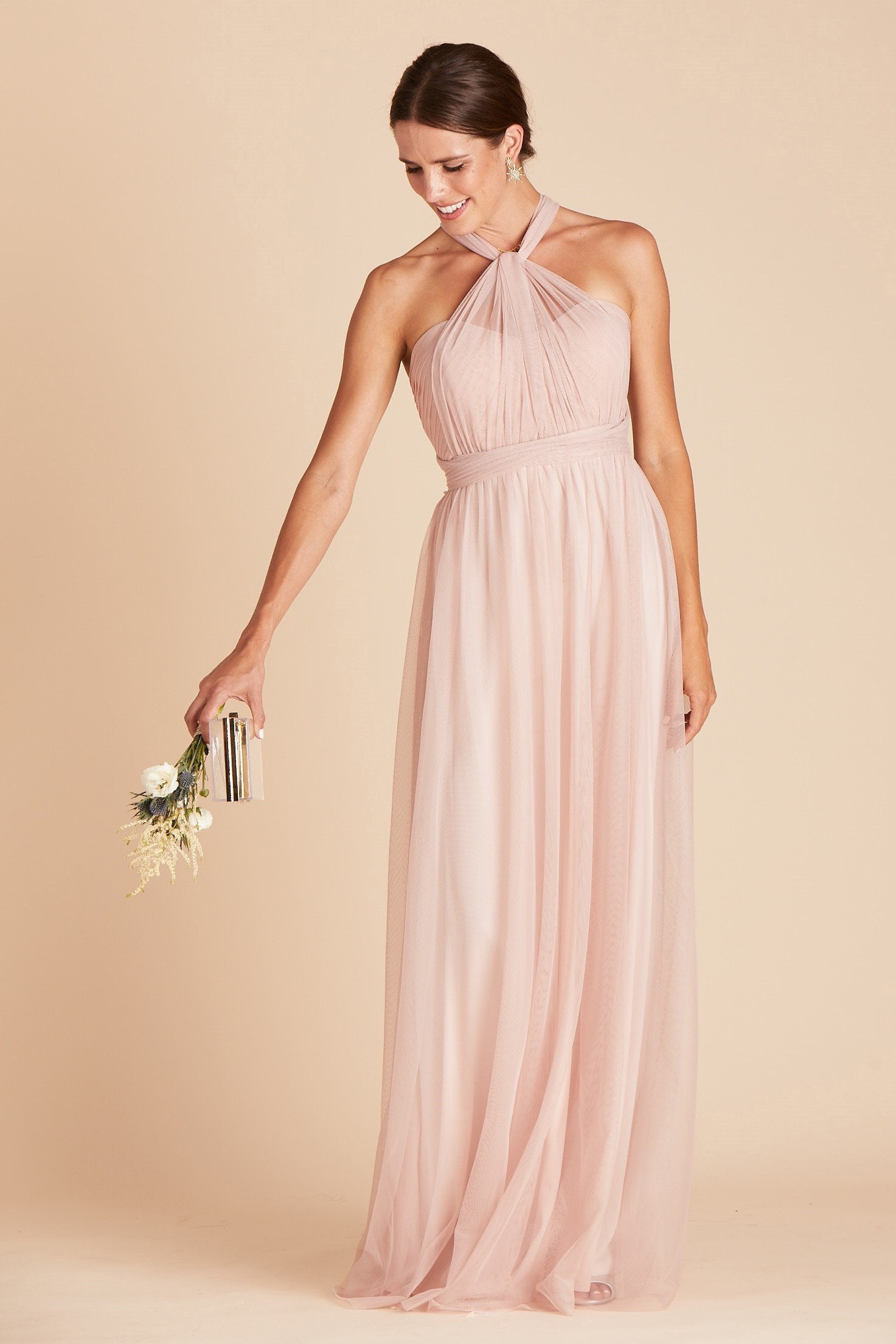 Christina convertible bridesmaid dress in vintage blush tulle by Birdy Grey, front view