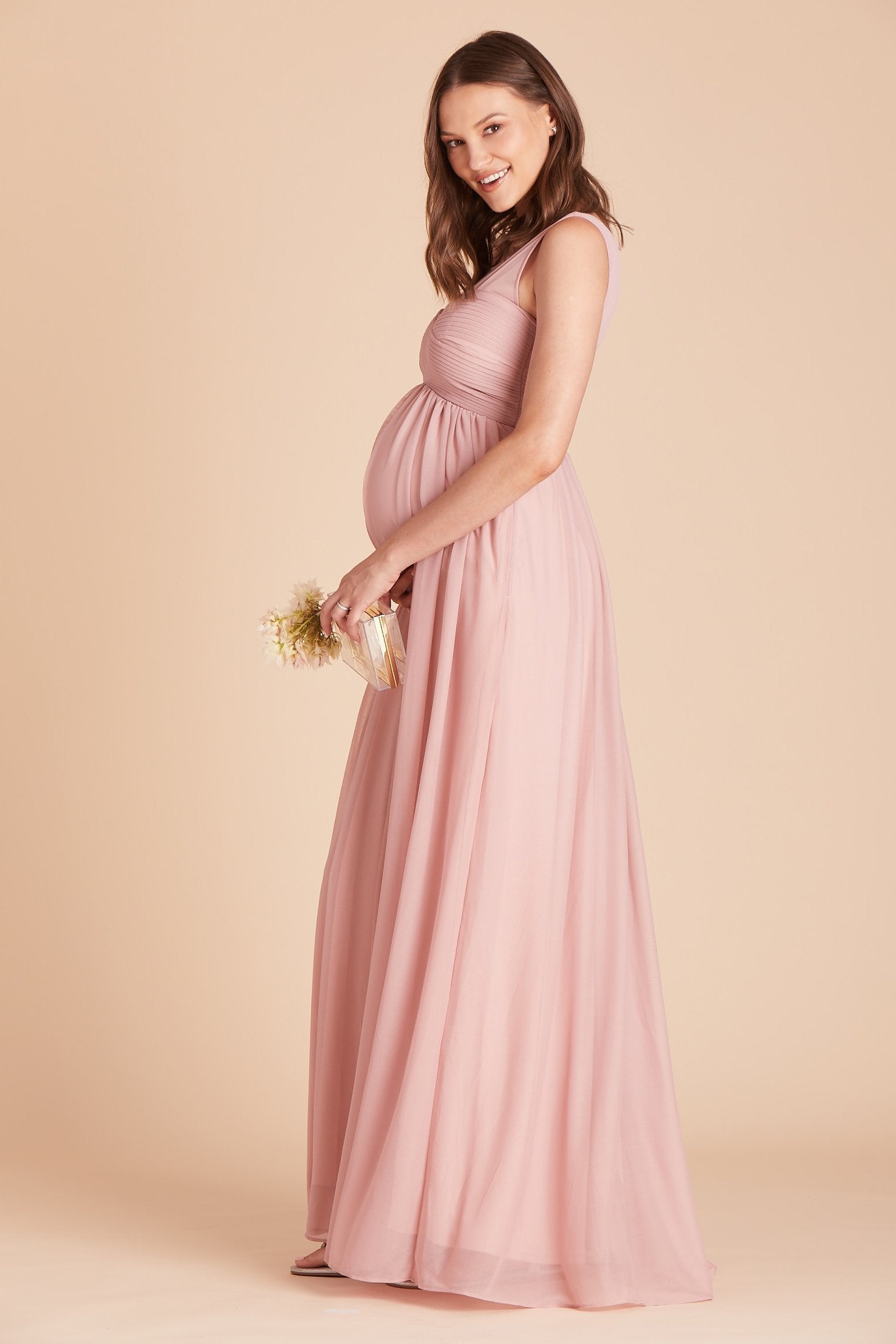 Ryan bridesmaid dress in dusty rose pink chiffon by Birdy Grey, side view