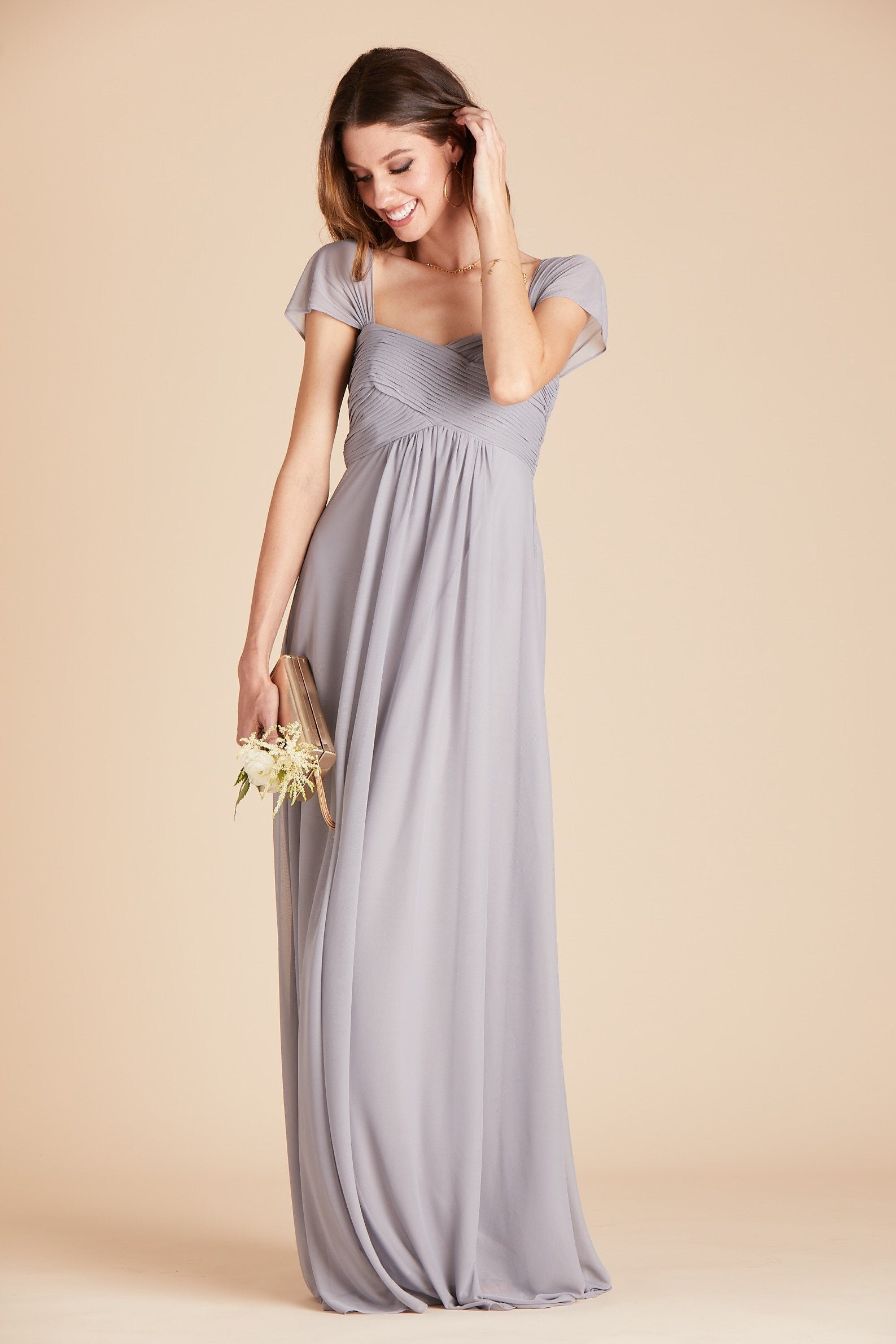 Maria convertible bridesmaids dress in silver mesh by Birdy Grey, front view