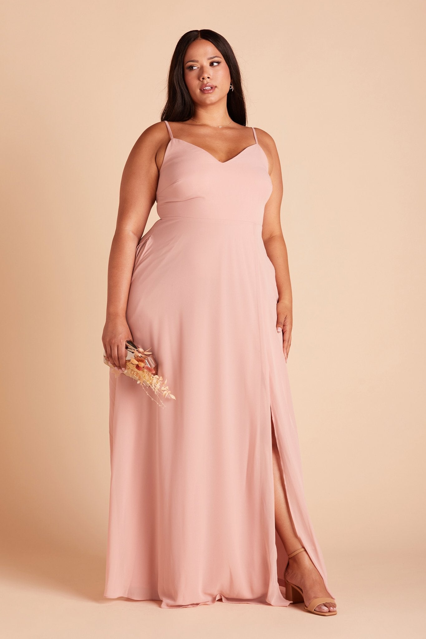 Devin convertible plus size bridesmaids dress with slit in dusty rose chiffon by Birdy Grey, front view