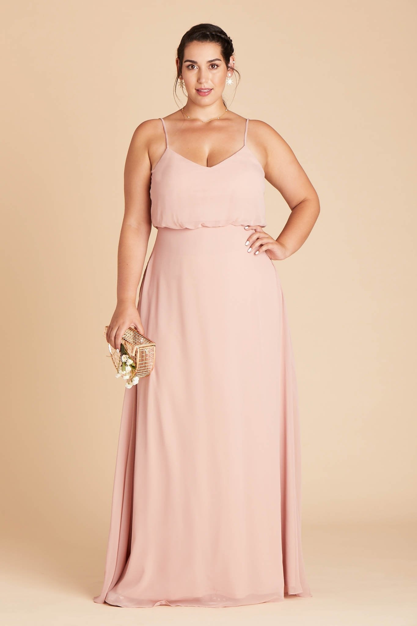 Gwennie plus size bridesmaid dress in dusty rose chiffon by Birdy Grey, front view