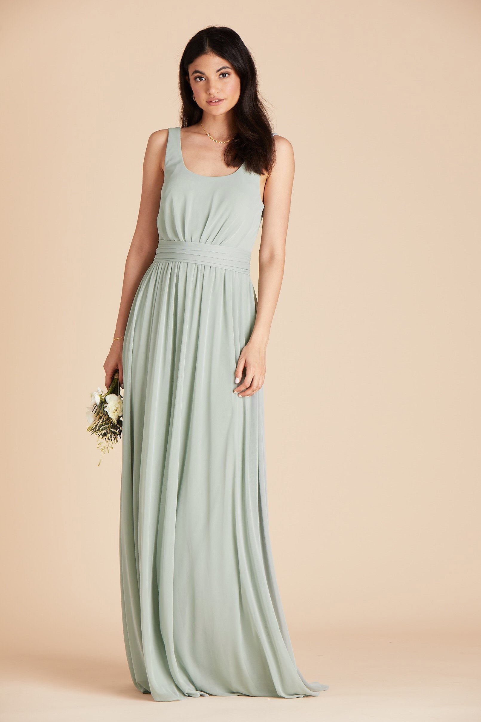 Jan bridesmaid dress in sage green mesh by Birdy Grey, front view