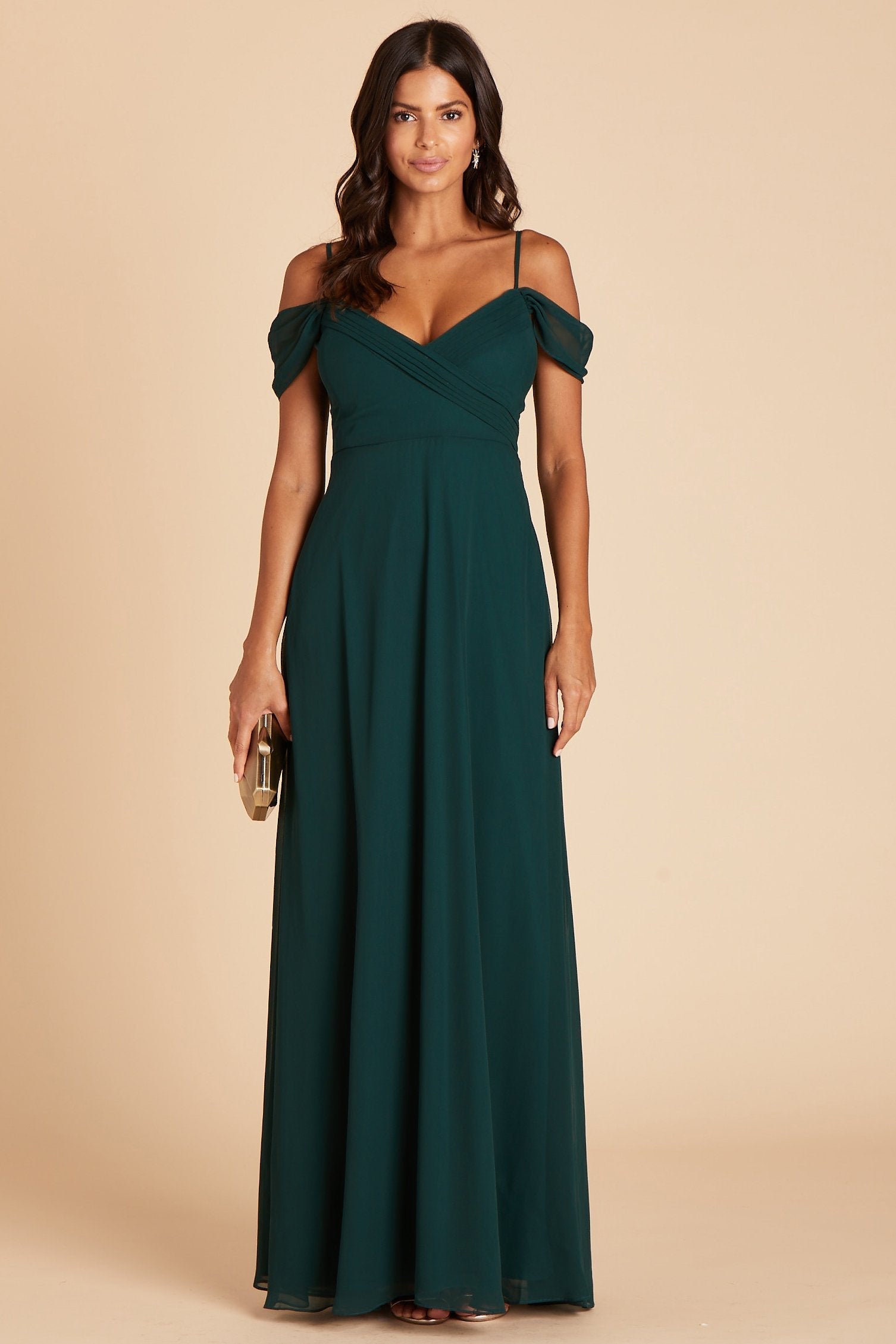 Spence convertible bridesmaid dress in emerald green chiffon by Birdy Grey, front view