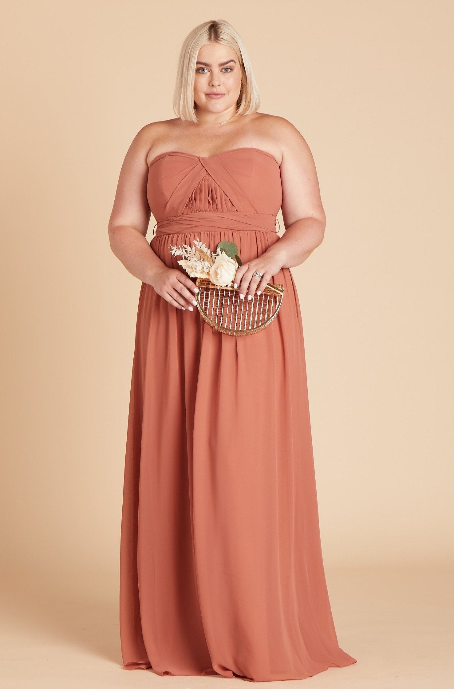 Grace convertible plus size bridesmaid dress in terracotta orange chiffon by Birdy Grey, front view