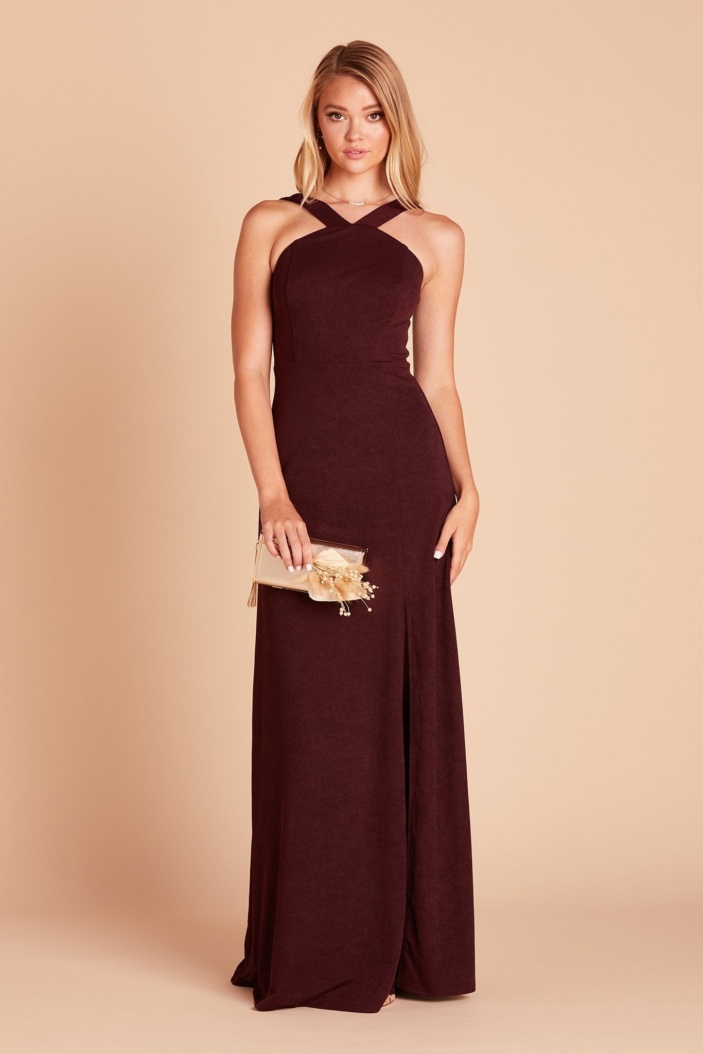 Gene bridesmaid dress with slit in cabernet burgundy crepe by Birdy Grey, front view