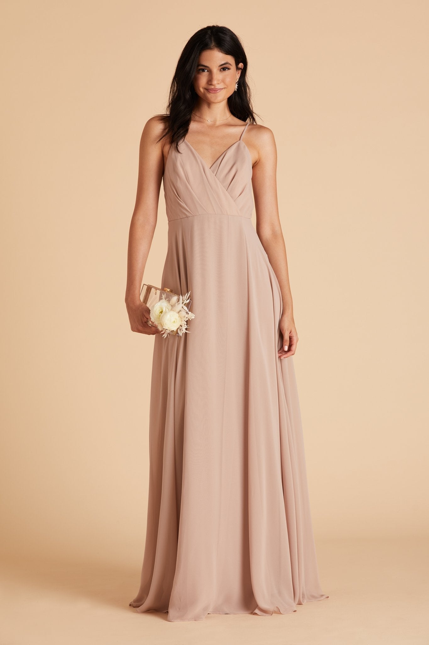 Kaia bridesmaids dress in taupe chiffon by Birdy Grey, front view