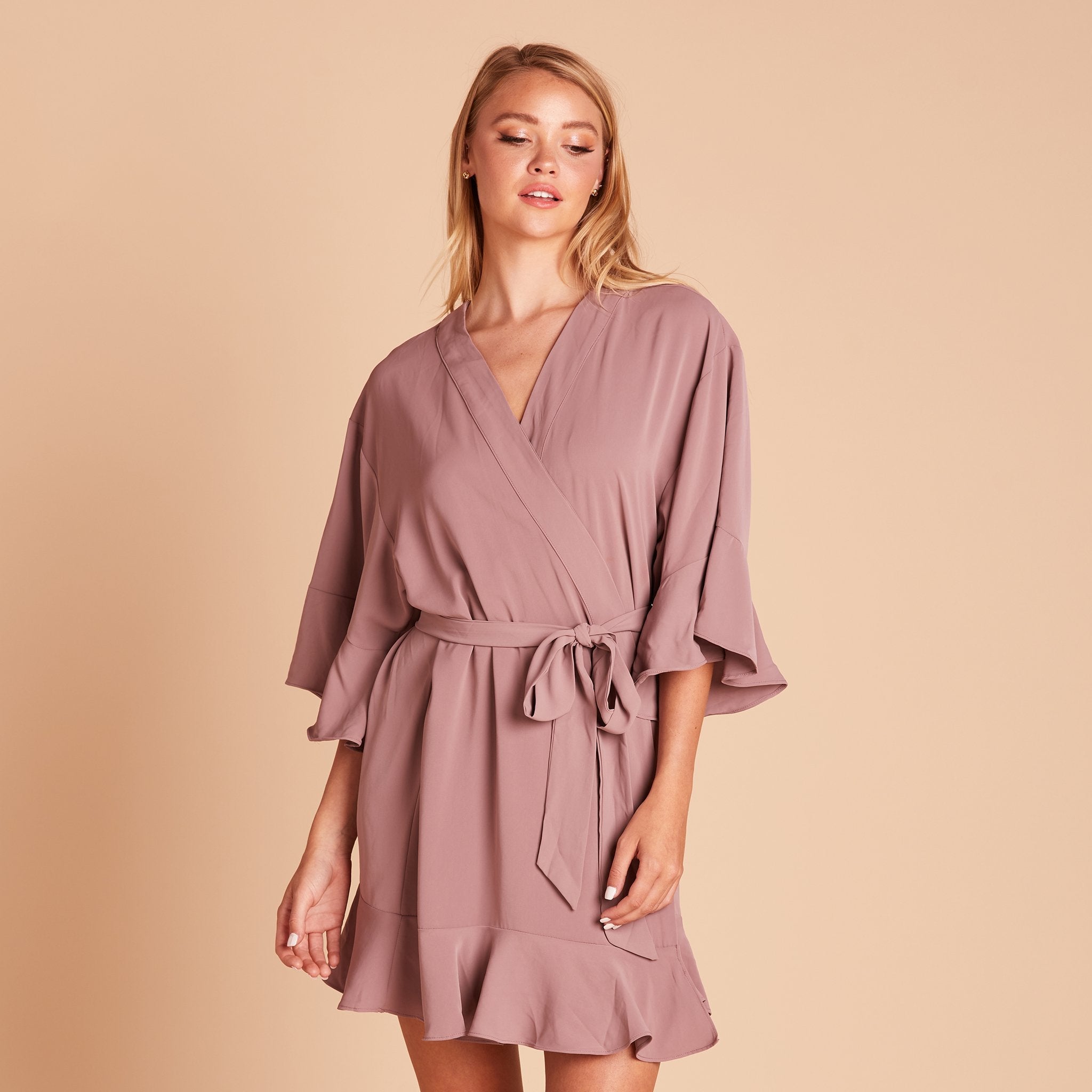 Kenny Ruffle Robe in dark mauve by Birdy Grey, front view