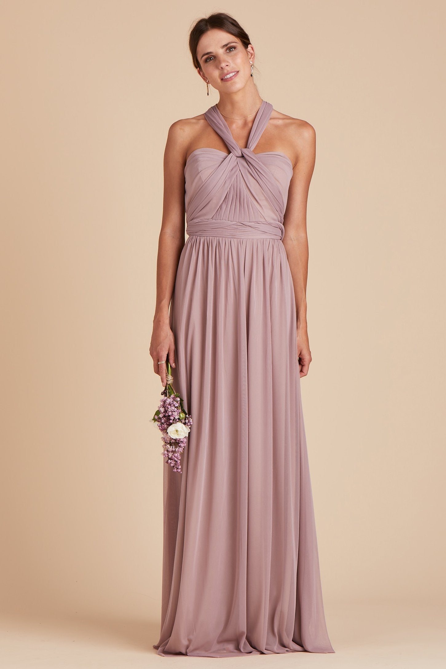 Chicky convertible bridesmaid dress in mauve purple mesh by Birdy Grey, front view