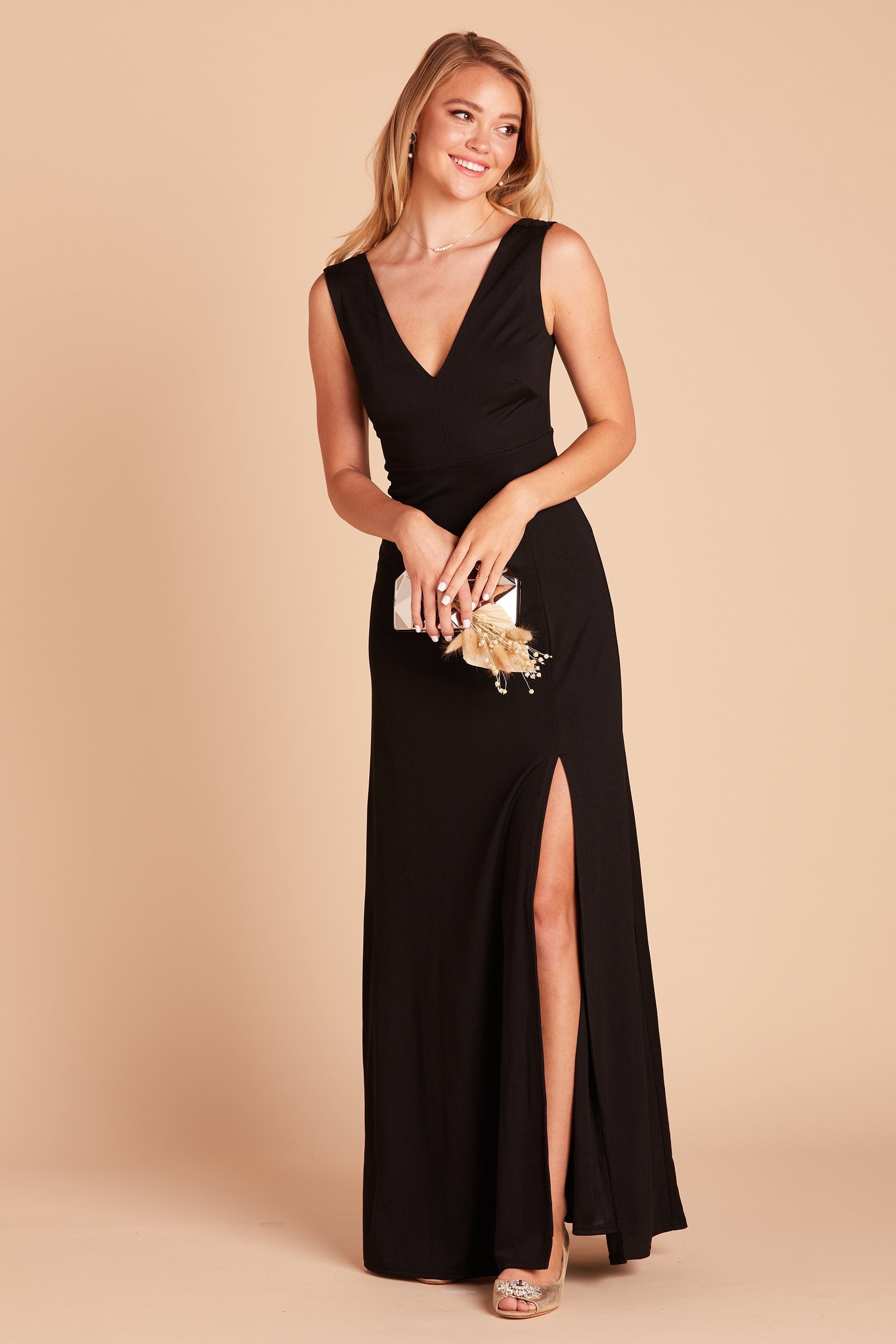 Shamin bridesmaid dress with slit in black crepe by Birdy Grey, front view