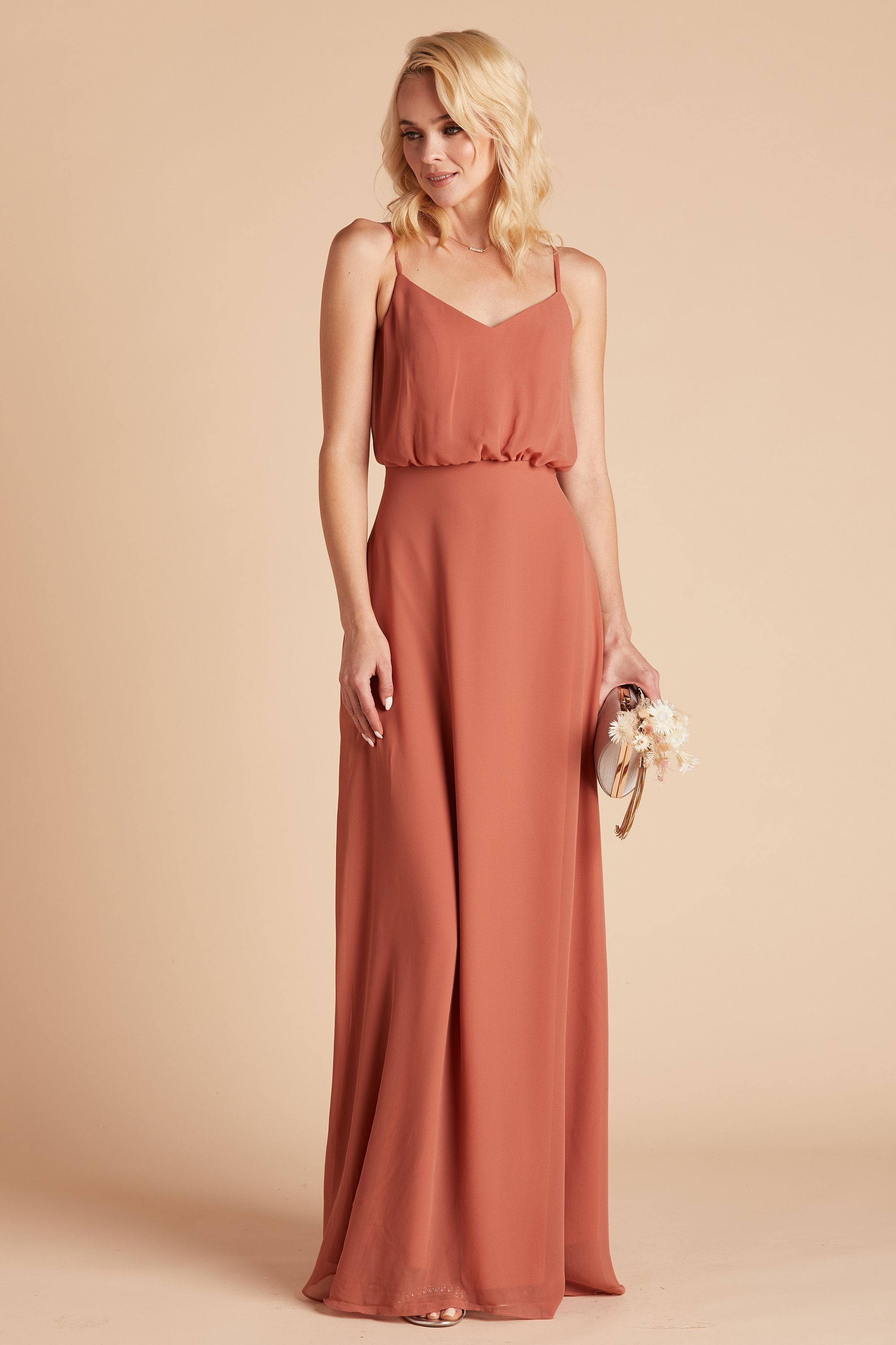 Gwennie bridesmaid dress in terracotta chiffon by Birdy Grey, front view