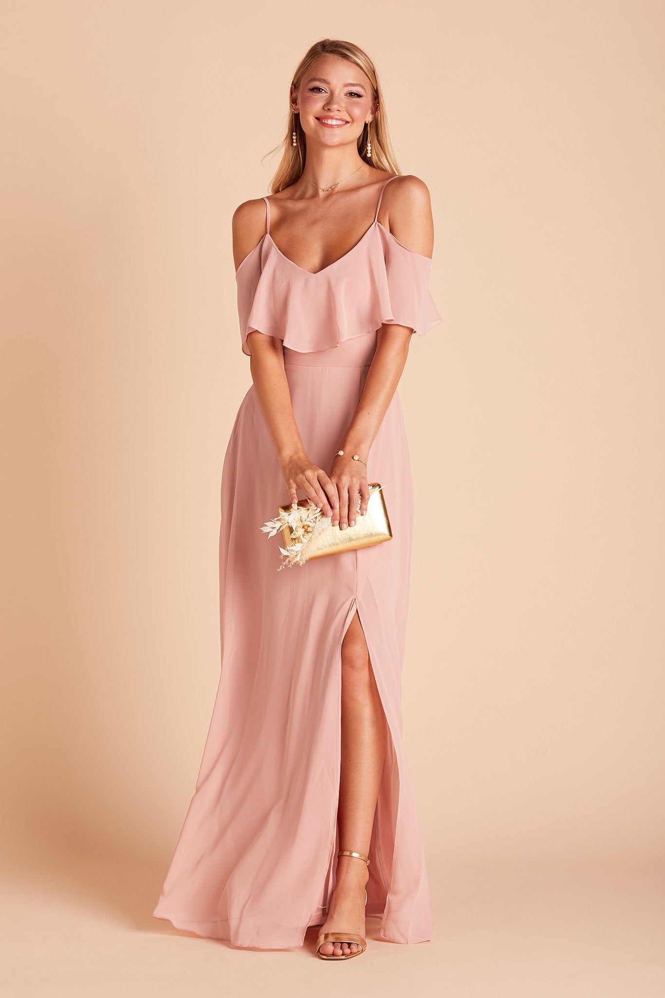 Jane convertible bridesmaid dress with slit in dusty rose chiffon by Birdy Grey, front view