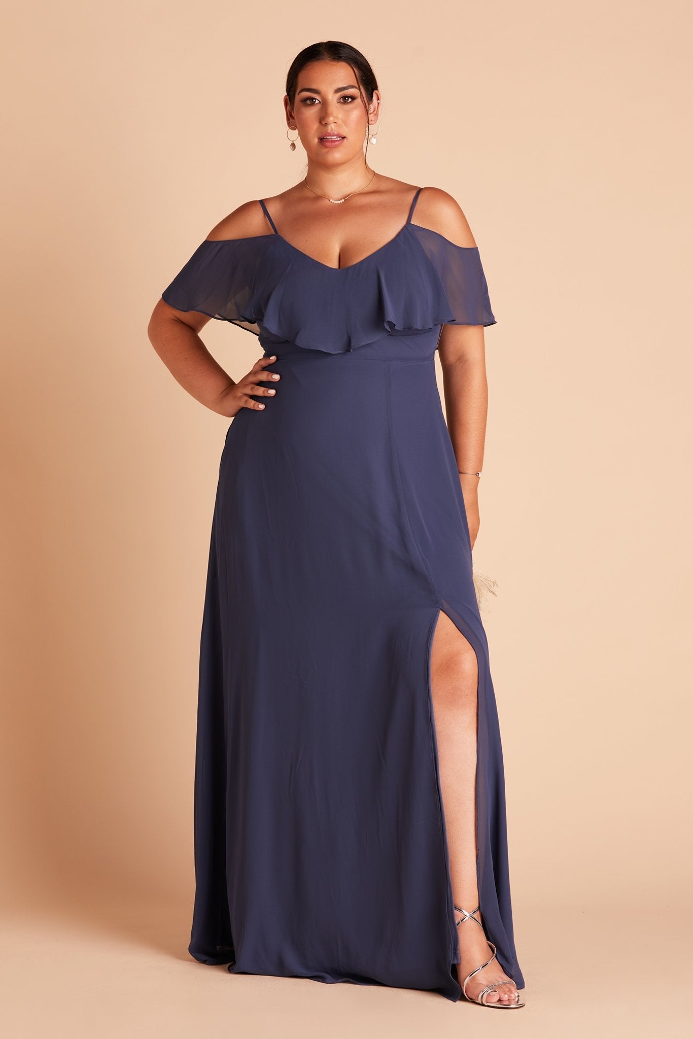 Jane convertible plus size bridesmaid dress with slit in slate blue chiffon by Birdy Grey, front view