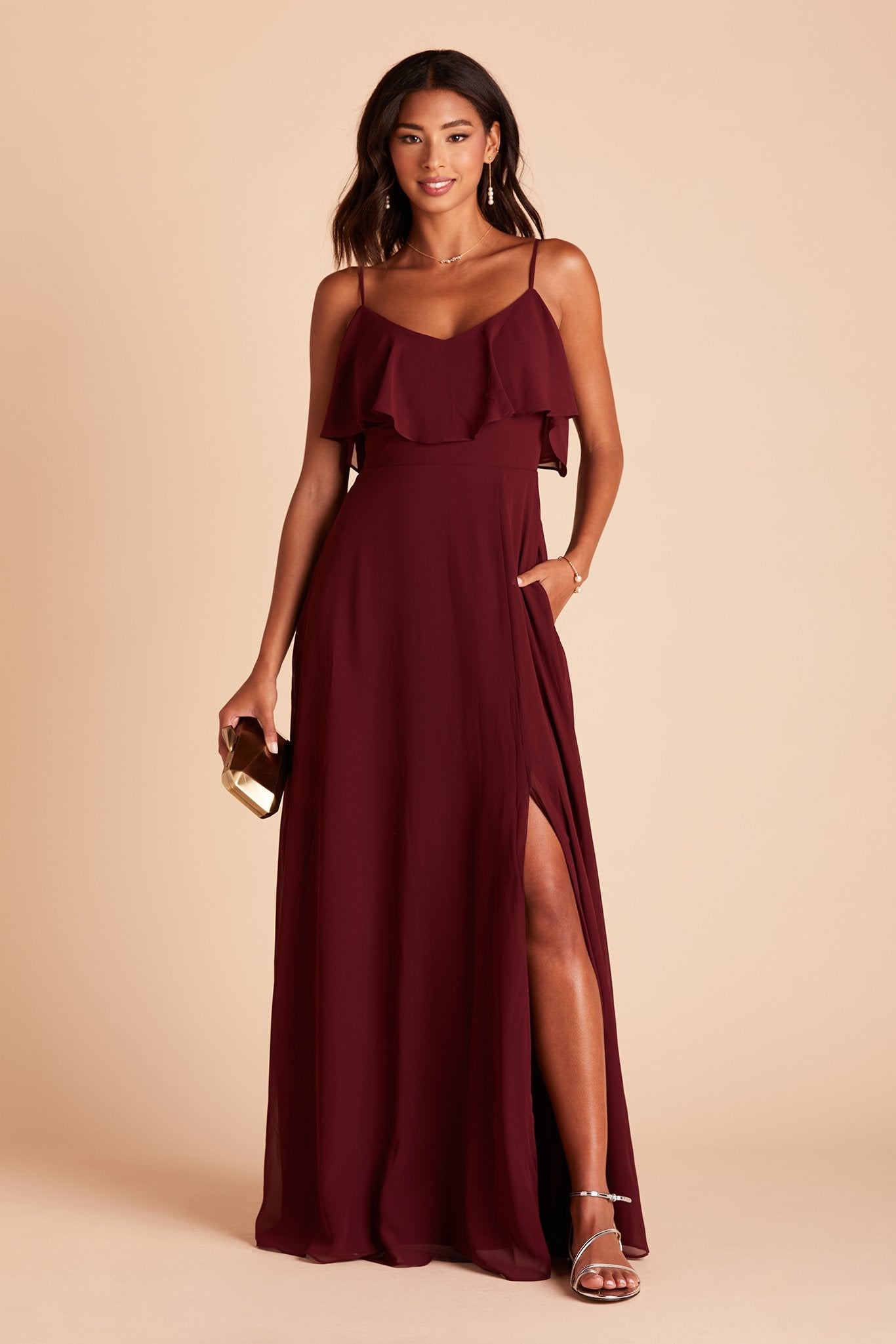 Jane convertible bridesmaid dress with slit in cabernet burgundy chiffon by Birdy Grey, front view with hand in pocket