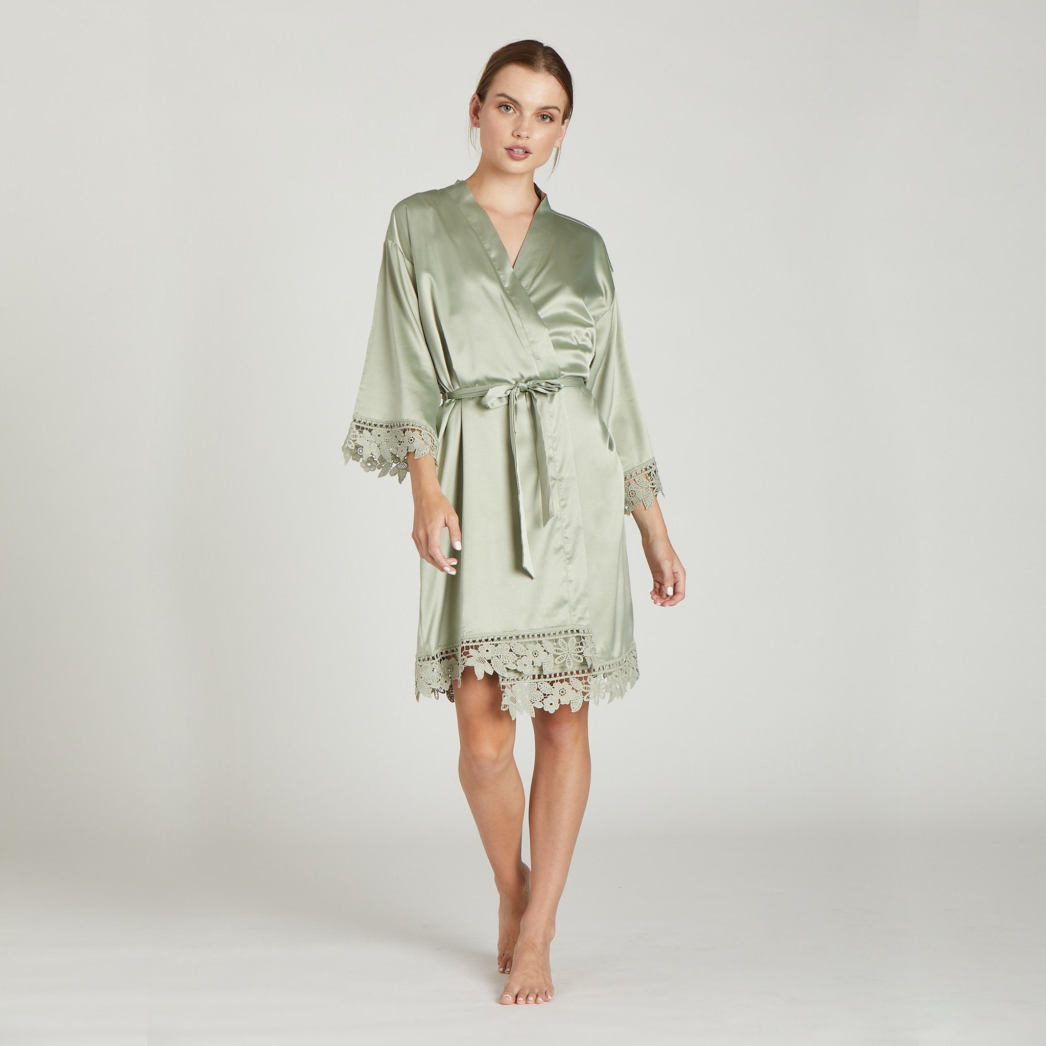 Satin Lace Robe in sage by Birdy Grey, front view